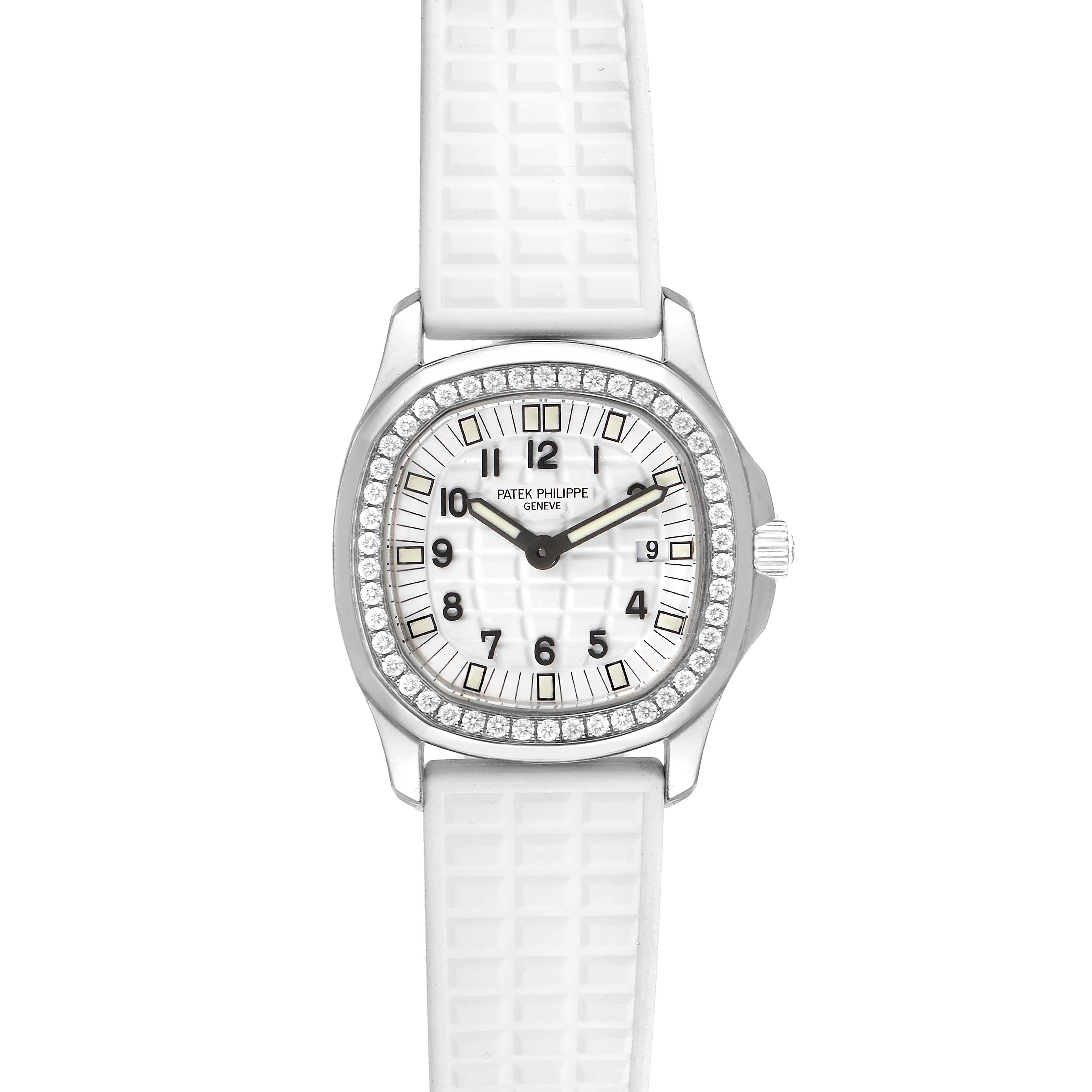 The image shows a front view of the Patek Philippe Aquanaut 4961 Women's Stainless Steel White Dial 4961 Women's Stainless Steel White Dial watch, highlighting the dial, bezel, and strap.