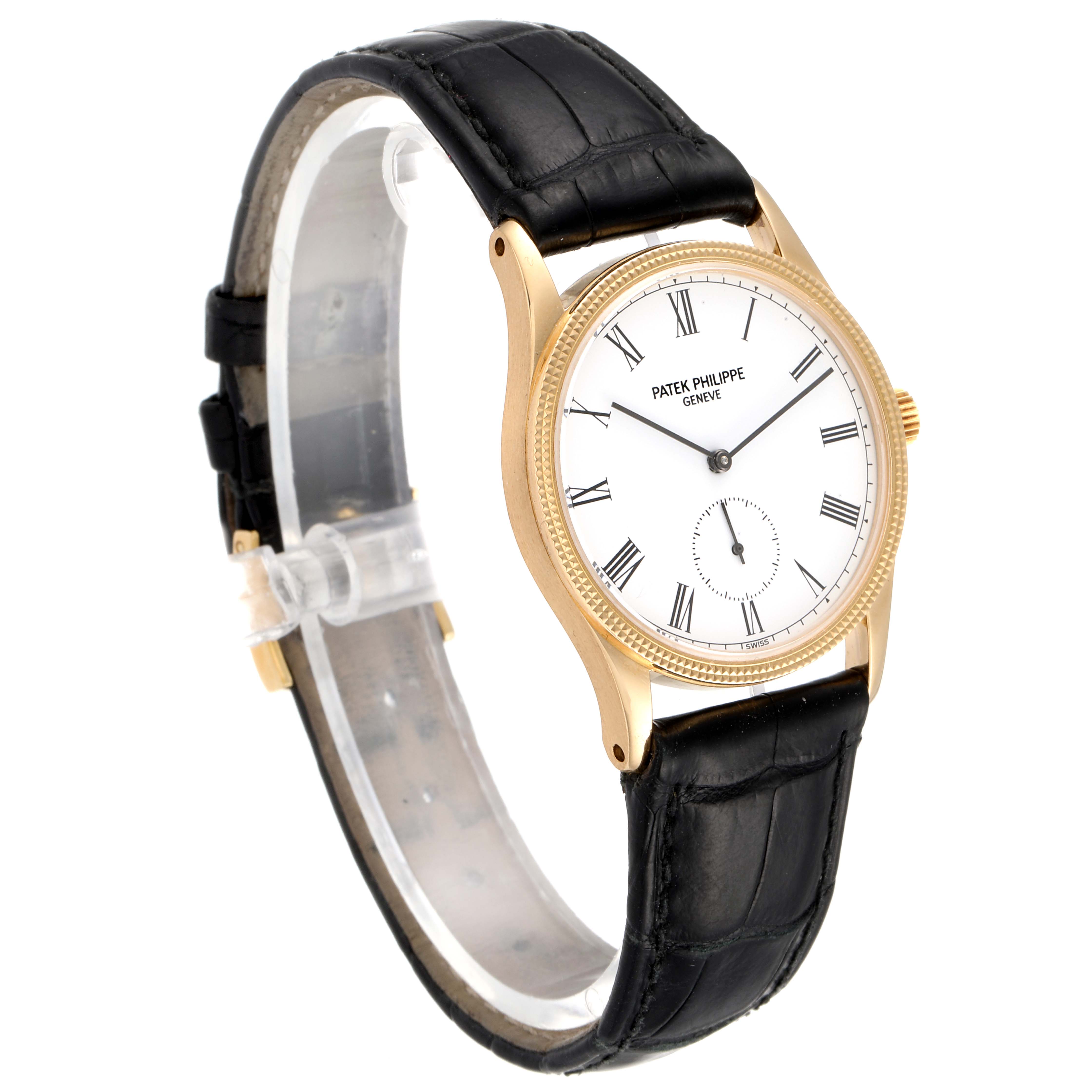 This image shows the front and side view of a Vintage Patek Philippe watch with a black leather strap and gold case.