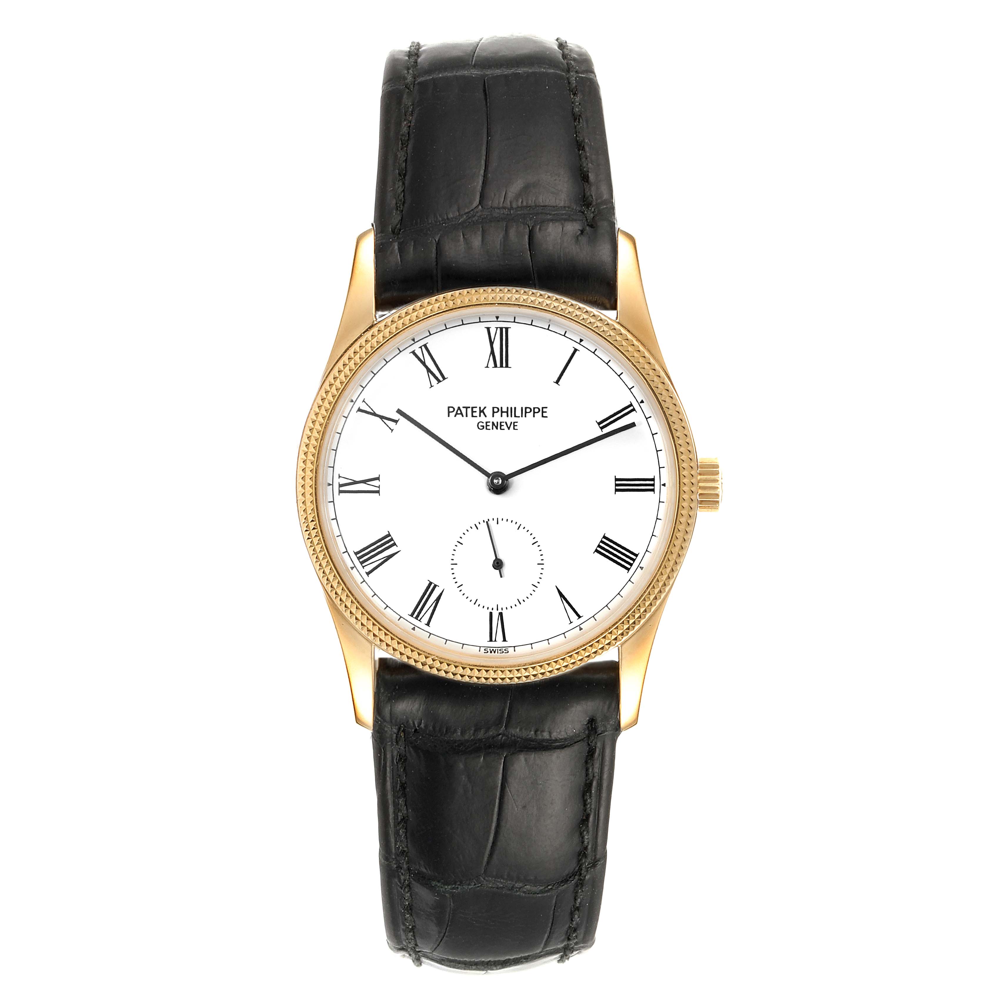 This image shows a frontal view of a Vintage Patek Philippe watch, highlighting its white dial, black leather strap, and gold case.