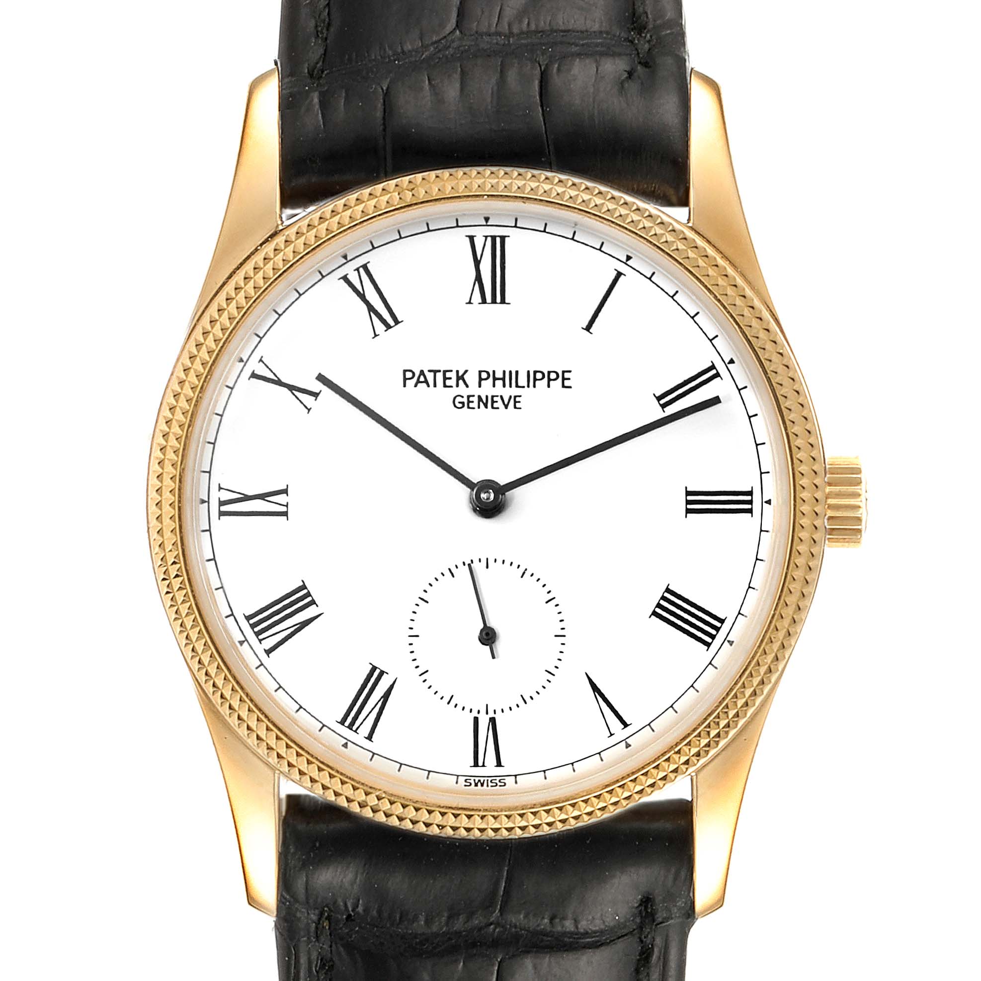 The image shows a front angle view of the Calatrava watch by Patek Philippe, displaying its face, hands, and crown.