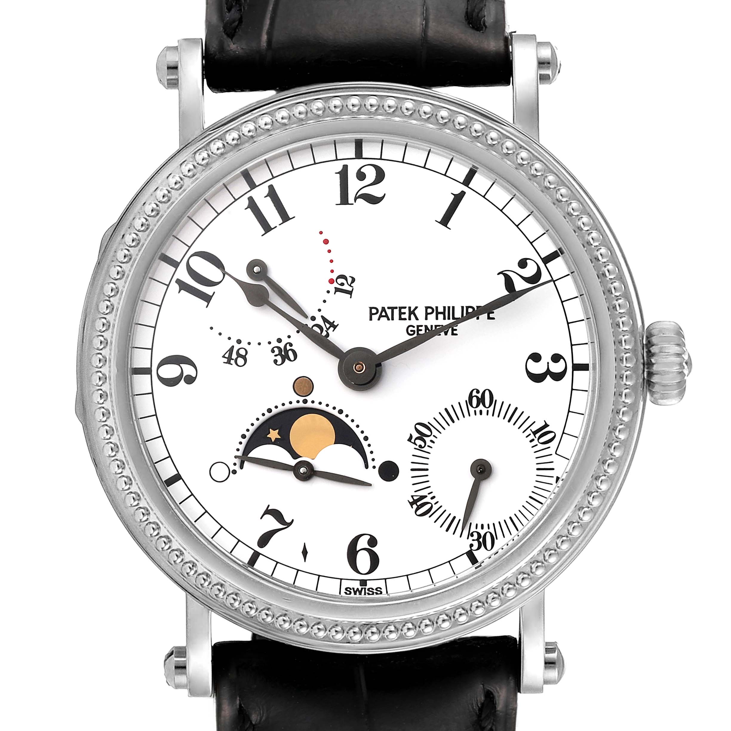 The image shows a front view of the Patek Philippe Complications 5015 Men's Platinum White Dial 5015 Men's Platinum White Dial watch, displaying its dial, moon phase, and sub-dials.