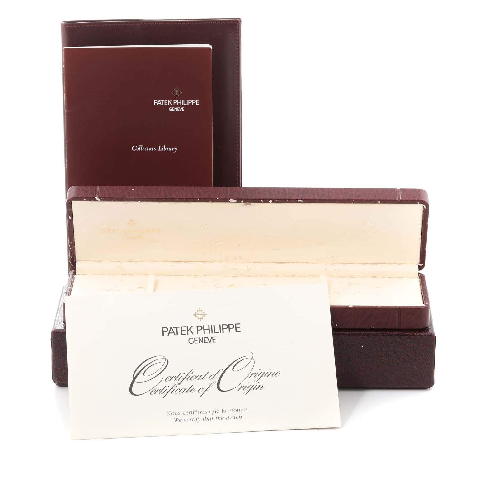 The image shows the packaging, documentation, and certificate of origin for a Patek Philippe Complications 5015 Men's Platinum White Dial 5015 Men's Platinum White Dial model watch.