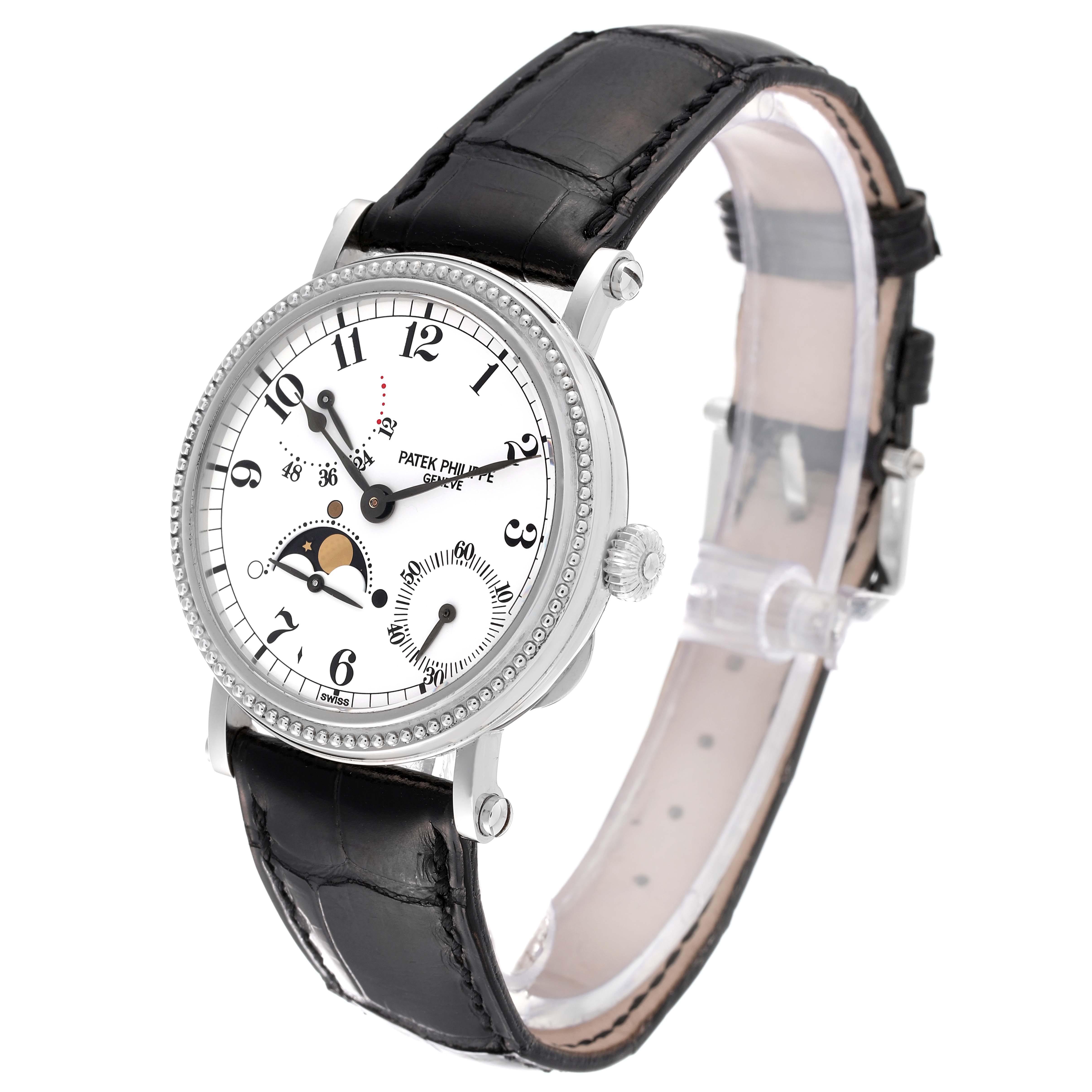 The Patek Philippe Complications 5015 Men's Platinum White Dial 5015 Men's Platinum White Dial model watch is shown at a three-quarter angle, highlighting the face, bezel, strap, and lugs.