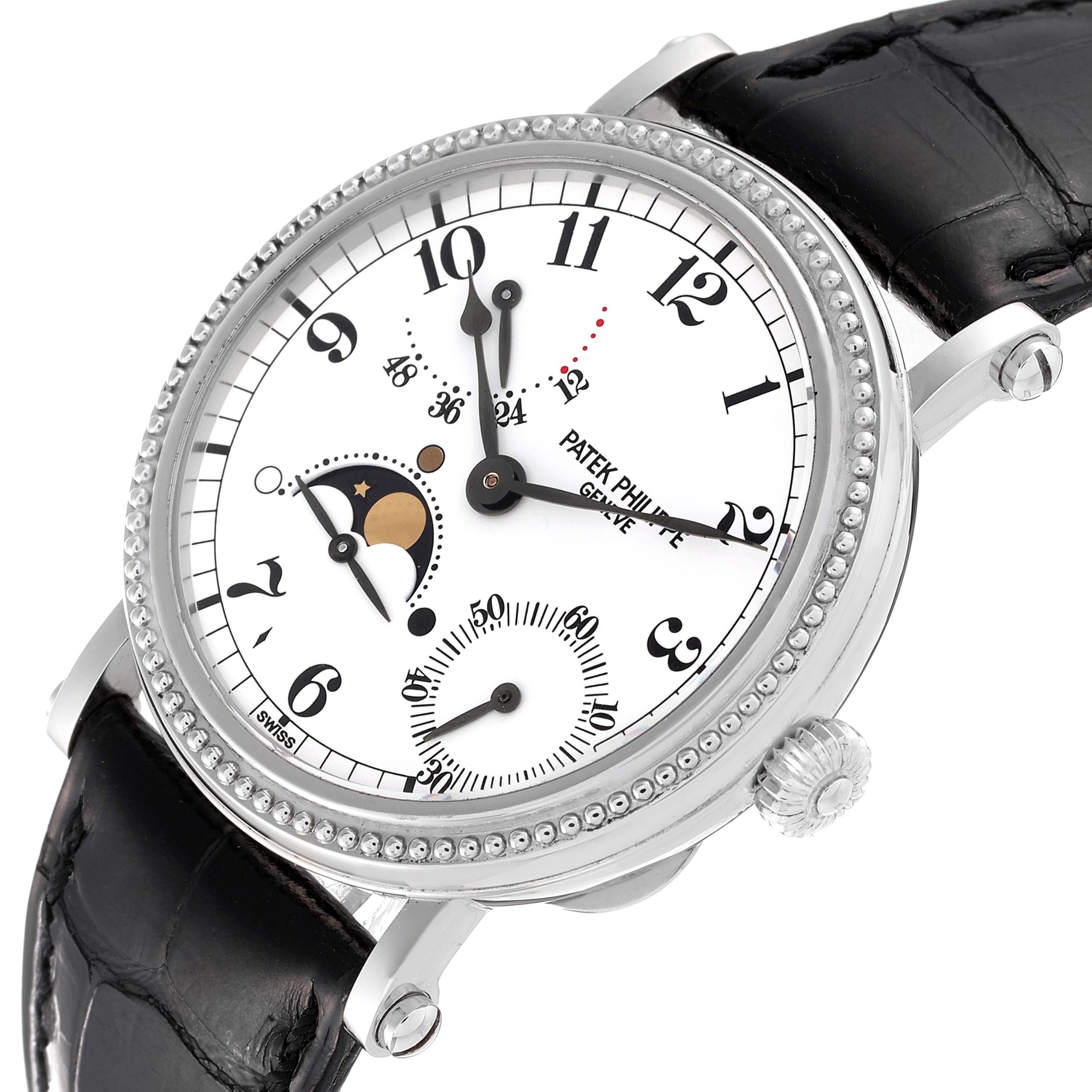 The image shows a Patek Philippe Complications 5015 Men's Platinum White Dial 5015 Men's Platinum White Dial model at an oblique angle, featuring the dial, bezel, and part of the strap.