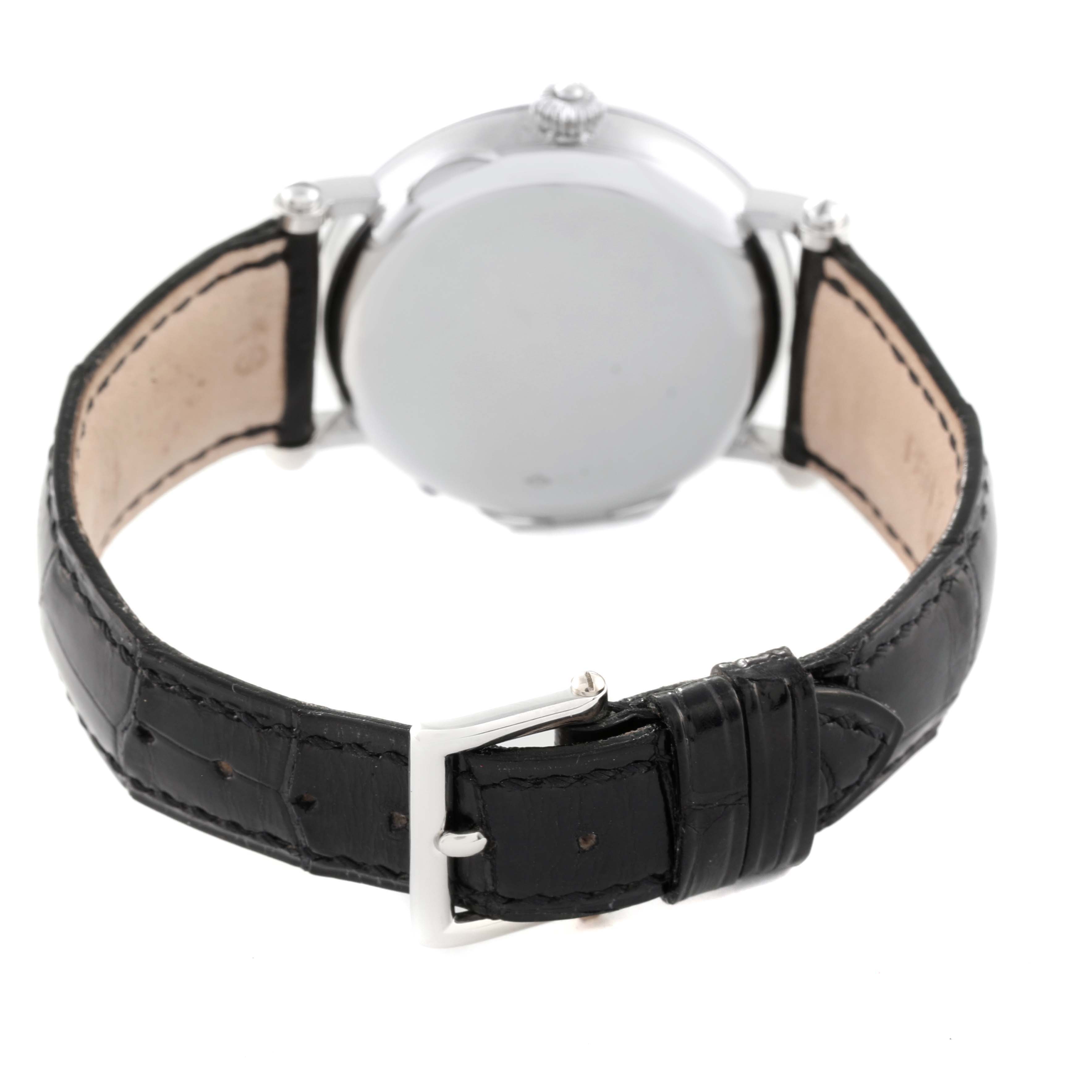 This image shows the back case and leather strap of the Patek Philippe Complications 5015 Men's Platinum White Dial 5015 Men's Platinum White Dial model watch, viewed from a rear angle.