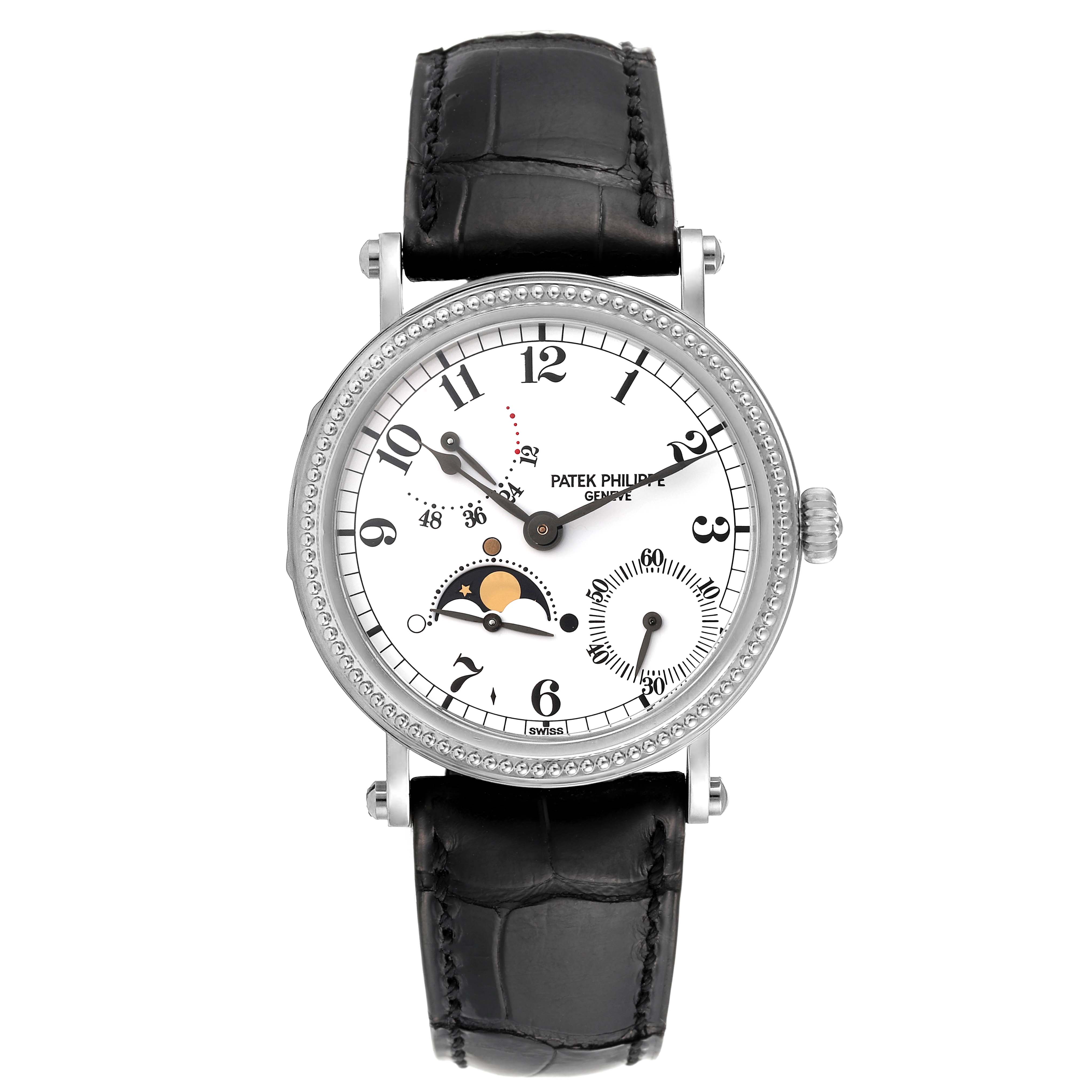 The image shows a front view of the Patek Philippe Complications 5015 Men's Platinum White Dial 5015 Men's Platinum White Dial watch, displaying the face, bezel, and black leather strap.
