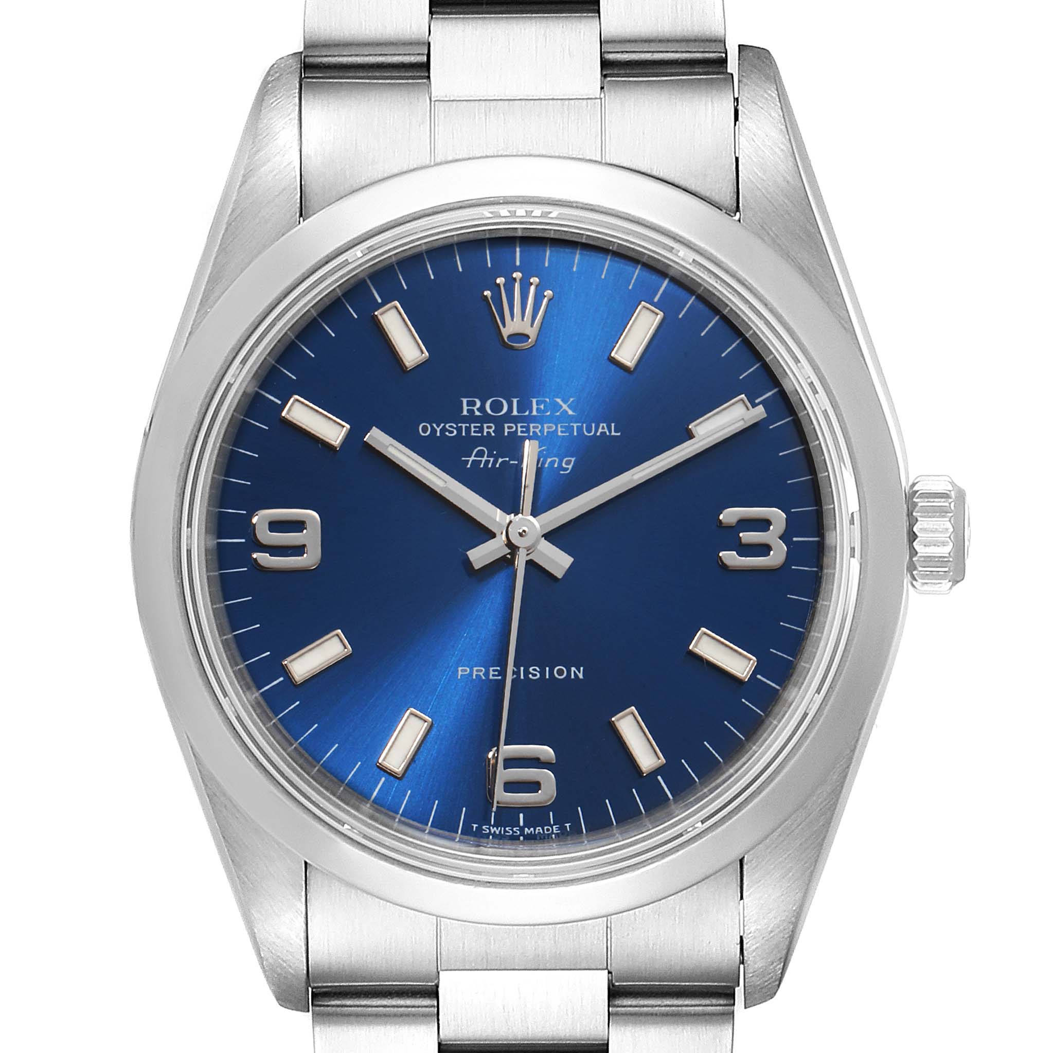 The image shows a front view of the Rolex Air-King 14000 Men's Stainless Steel Blue Dial 14000 Men's Stainless Steel Blue Dial watch, highlighting the blue dial, hour markers, hands, and stainless steel bracelet.