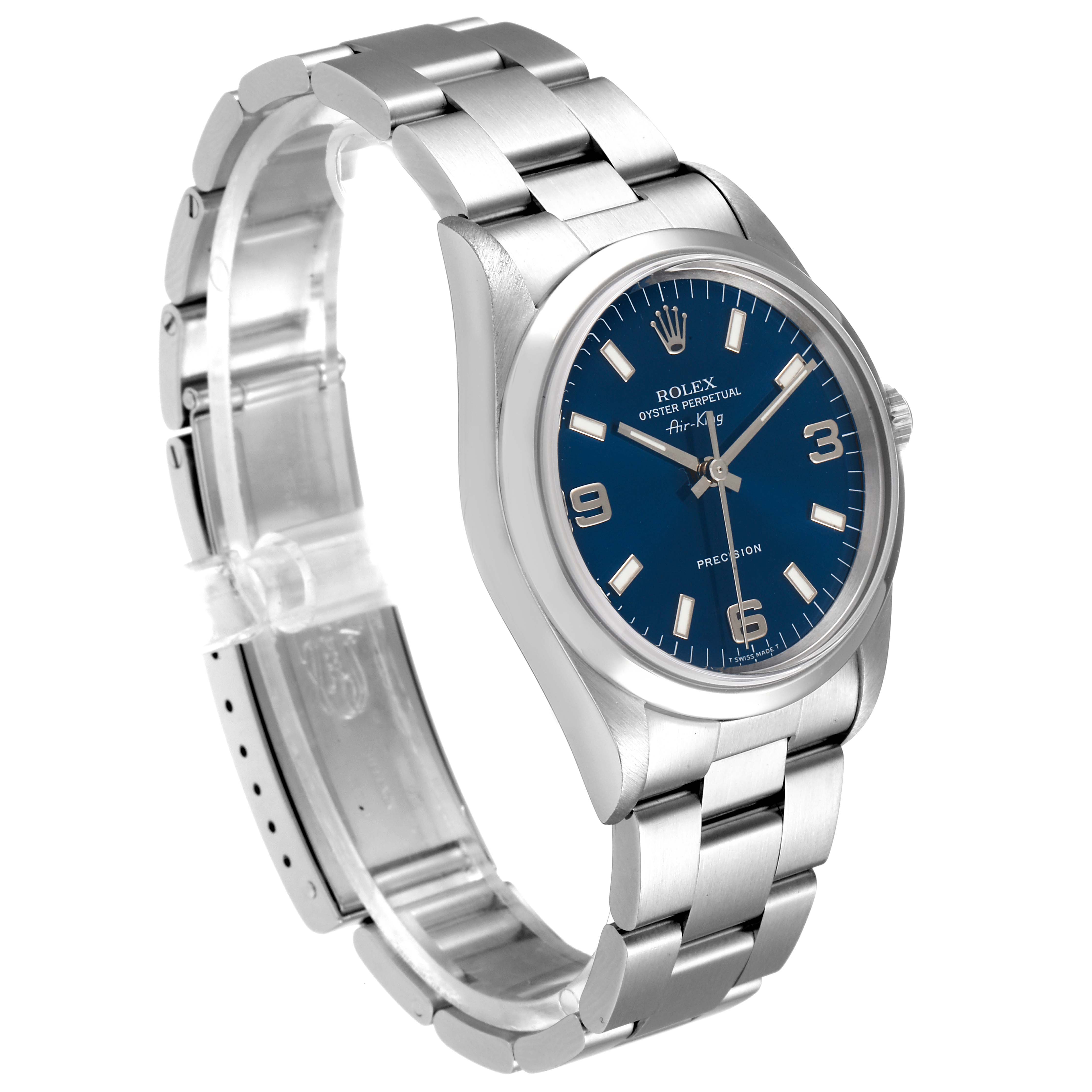 The image shows a Rolex Air-King 14000 Men's Stainless Steel Blue Dial 14000 Men's Stainless Steel Blue Dial watch at a three-quarter angle, highlighting the bracelet and face with a blue dial.