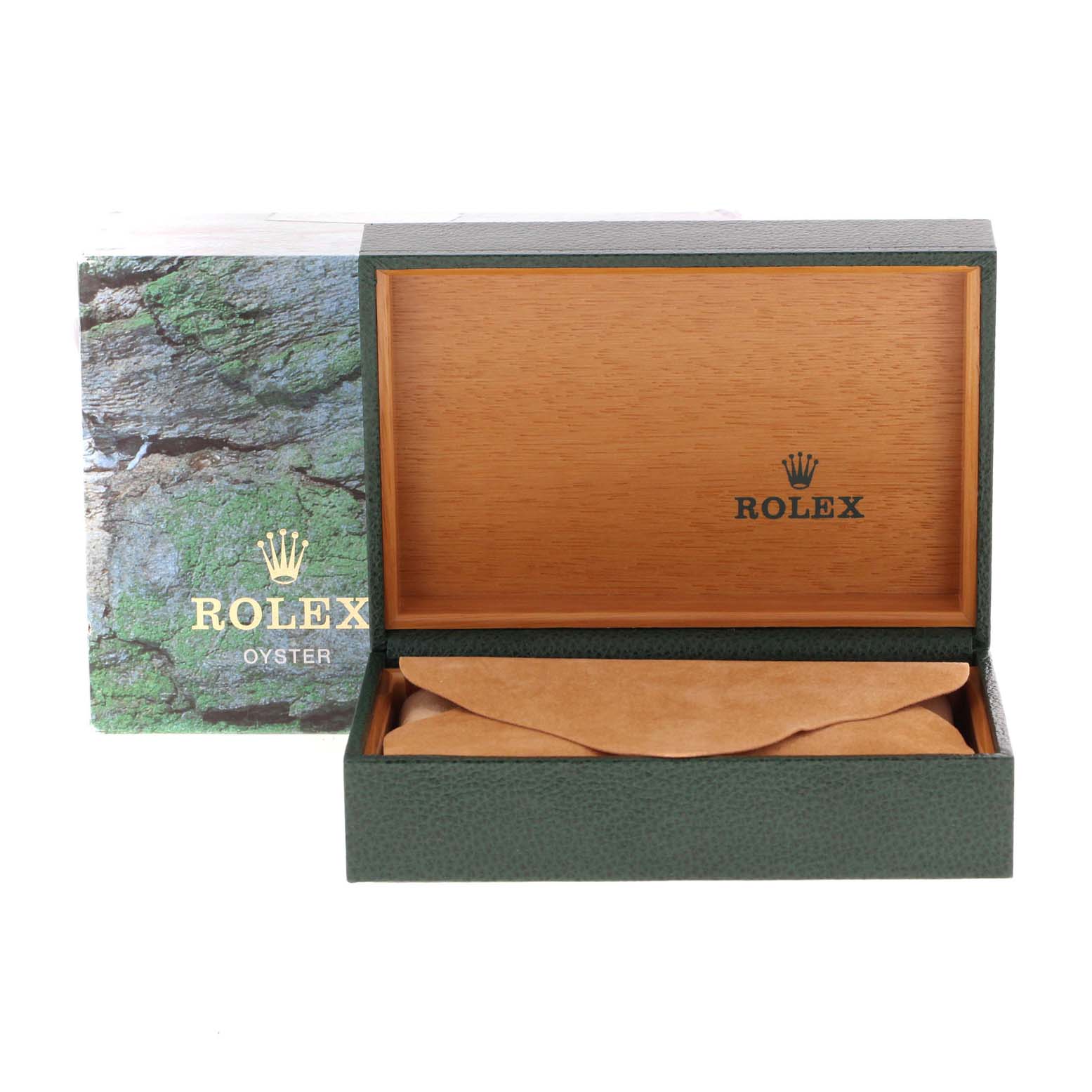 The image shows a Rolex Air-King 14000 Men's Stainless Steel Blue Dial 14000 Men's Stainless Steel Blue Dial watch box with the lid open, displaying the branded interior and protective pouch.