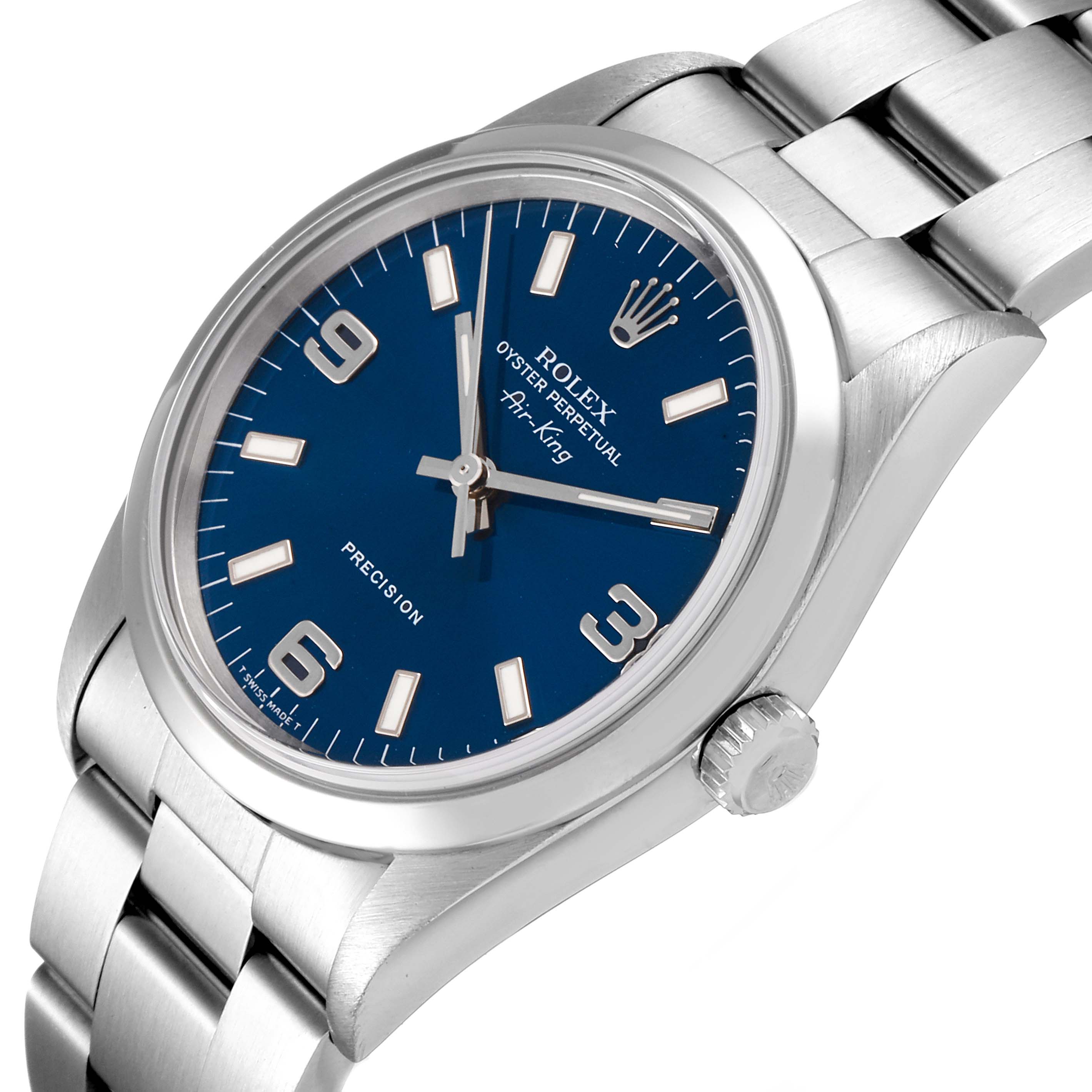 The image shows a close-up angled view of the Rolex Air-King 14000 Men's Stainless Steel Blue Dial 14000 Men's Stainless Steel Blue Dial watch, highlighting the face, case, bracelet, and crown.