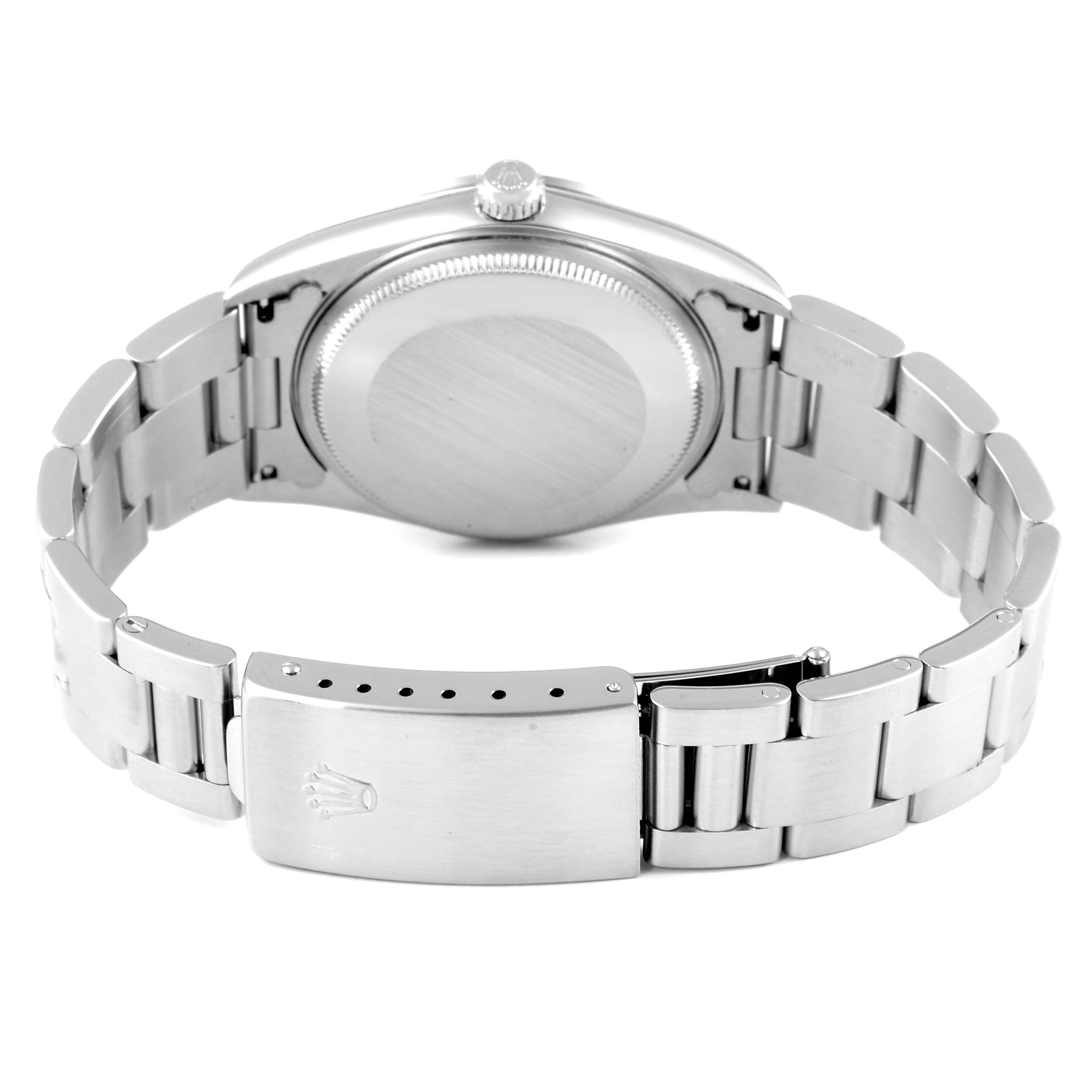 The image shows the back side and clasp of a Rolex Air-King 14000 Men's Stainless Steel Blue Dial 14000 Men's Stainless Steel Blue Dial watch, highlighting the bracelet and case back.