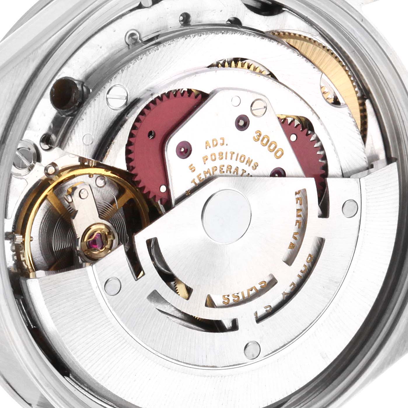 This image shows a close-up view of the movement and gears of a Rolex Air-King 14000 Men's Stainless Steel Blue Dial 14000 Men's Stainless Steel Blue Dial watch.