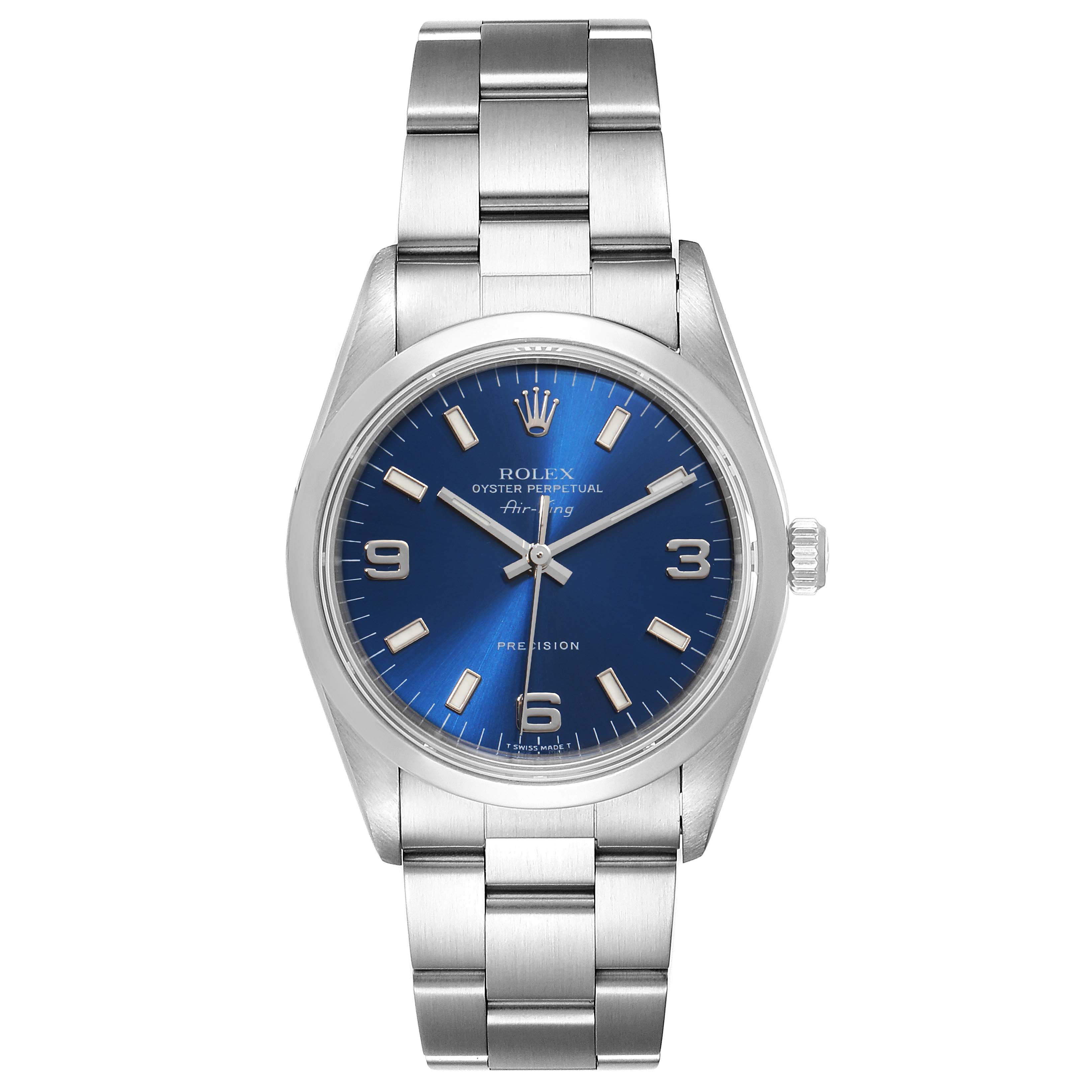 This image shows a front view of the Rolex Air-King 14000 Men's Stainless Steel Blue Dial 14000 Men's Stainless Steel Blue Dial watch, displaying its dial, case, and bracelet.