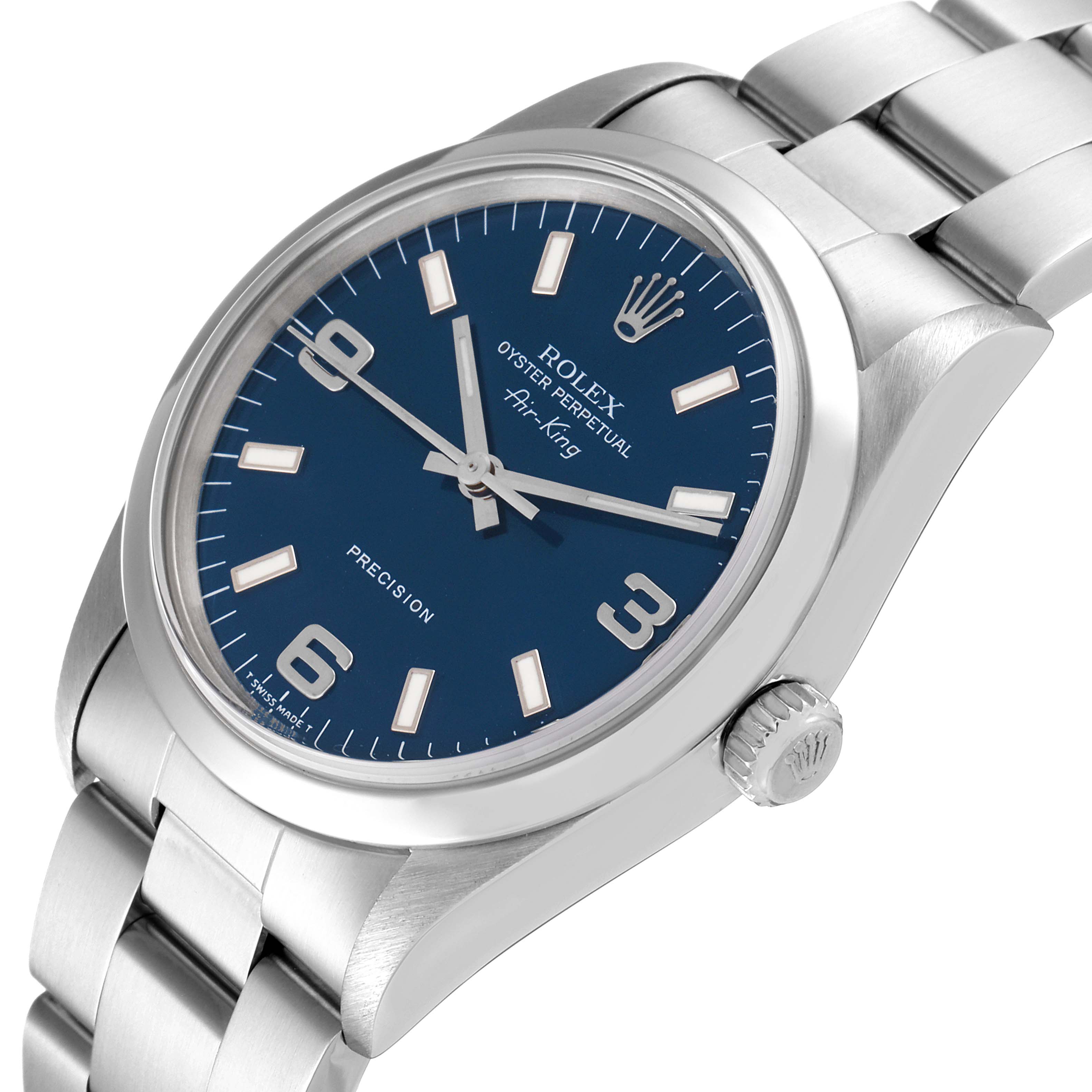The image shows a Rolex Air-King 14000 Men's Stainless Steel Blue Dial 14000 Men's Stainless Steel Blue Dial watch featuring its blue dial, stainless steel case, and oyster bracelet at a slight side angle.