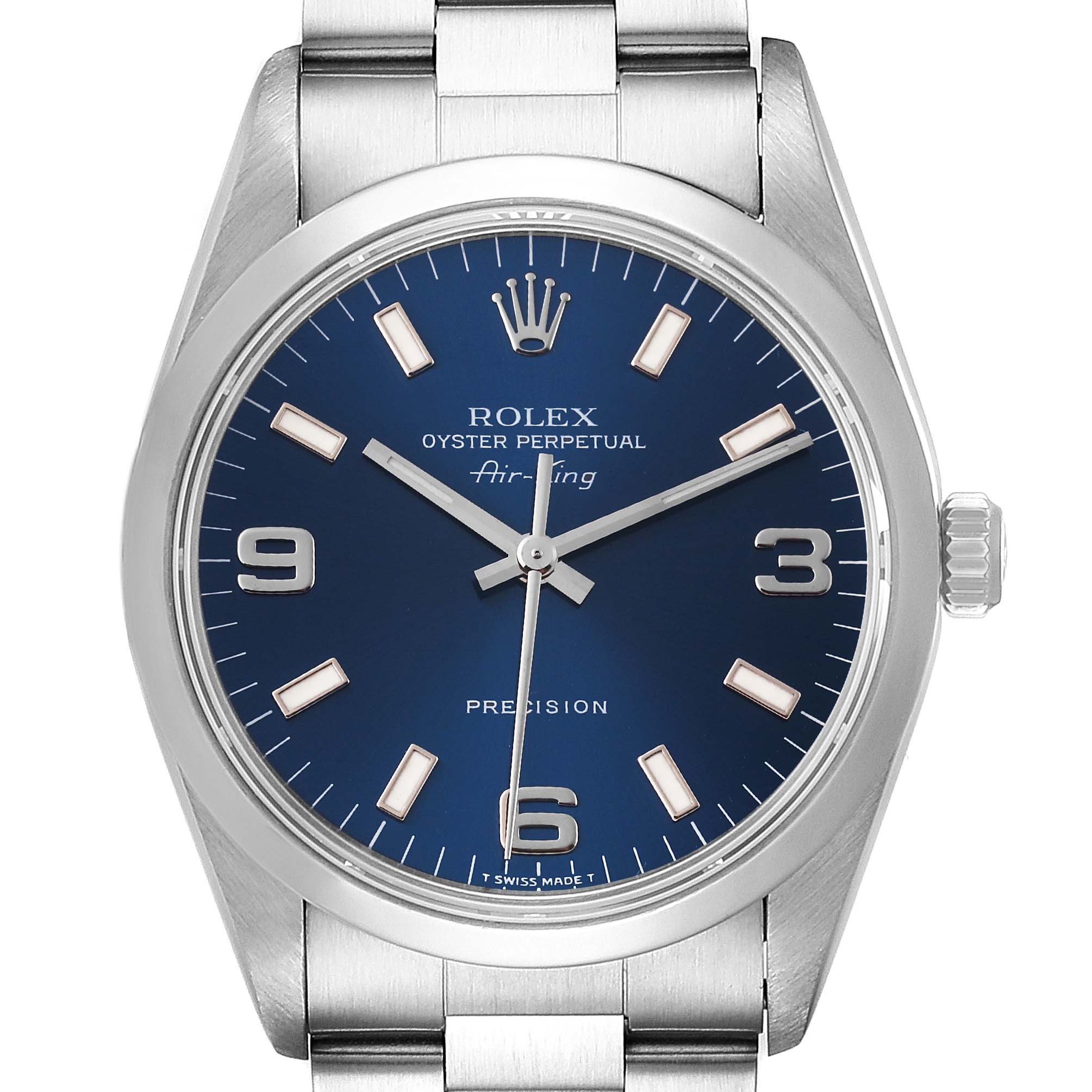 The image shows a head-on view of a Rolex Air-King 14000 Men's Stainless Steel Blue Dial 14000 Men's Stainless Steel Blue Dial watch with a blue dial and stainless steel bracelet.