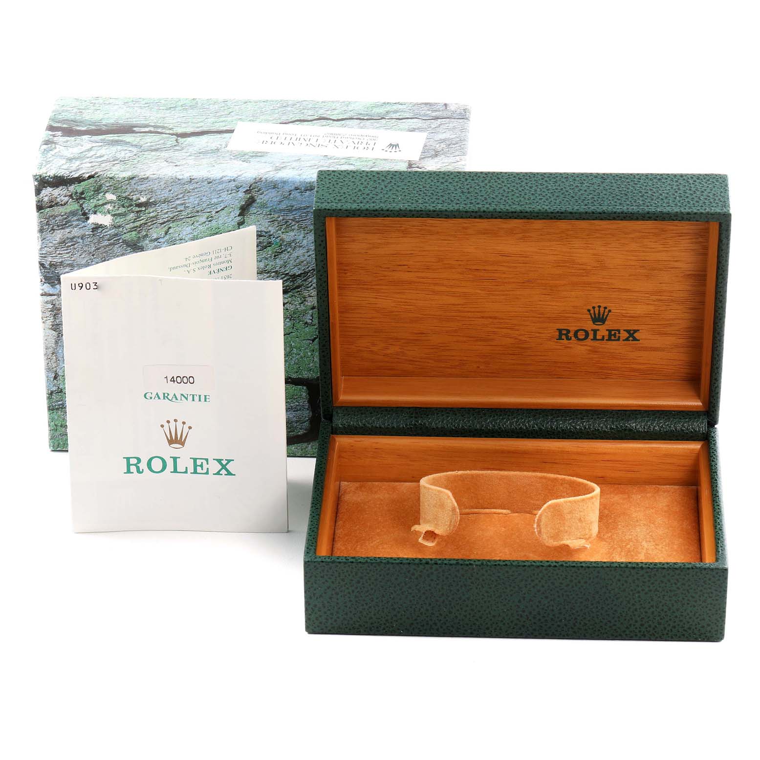The image shows the box and warranty card of a Rolex Air-King 14000 Men's Stainless Steel Blue Dial 14000 Men's Stainless Steel Blue Dial watch.