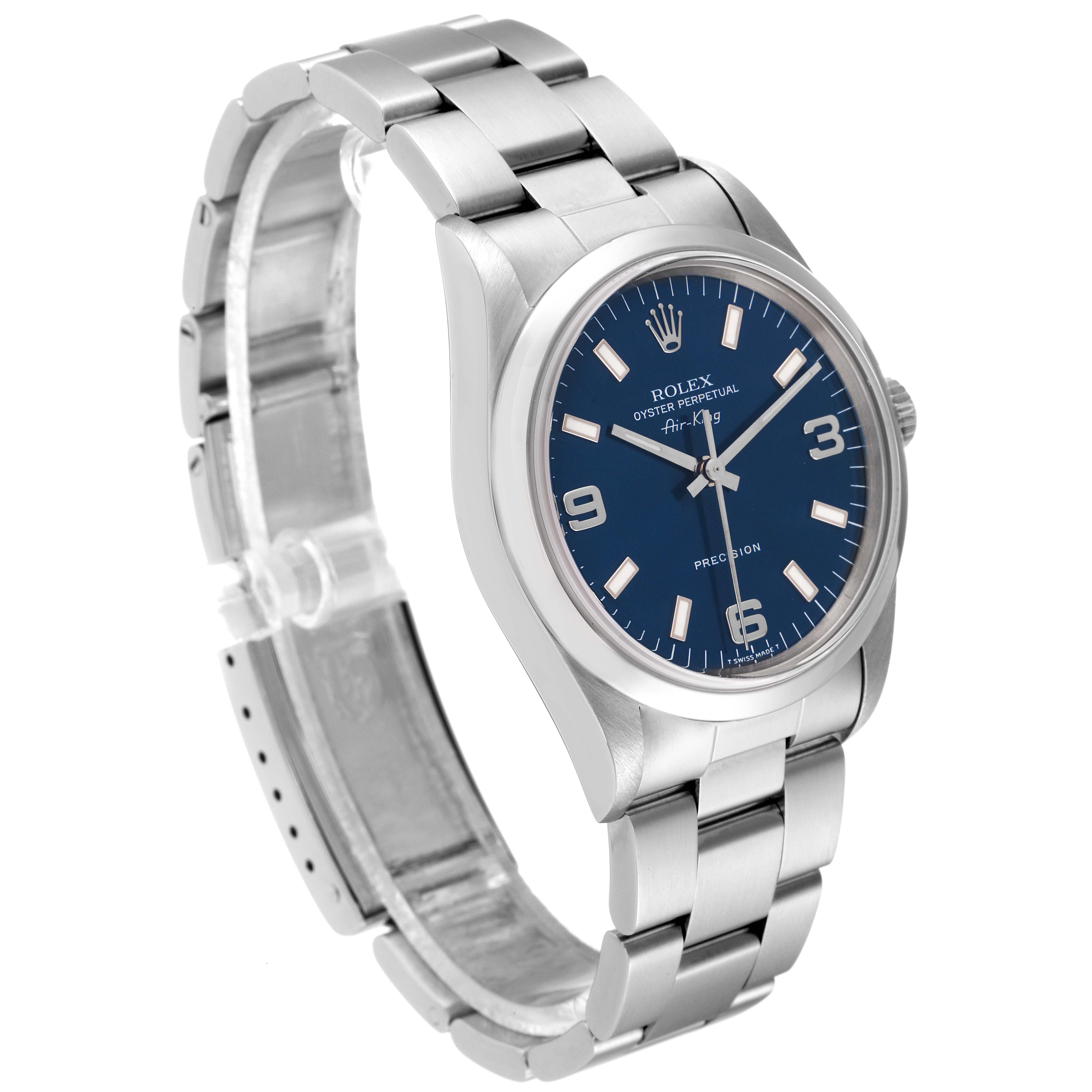 This image shows a Rolex Air-King 14000 Men's Stainless Steel Blue Dial 14000 Men's Stainless Steel Blue Dial watch angled to display the watch face, bracelet, and part of the clasp.
