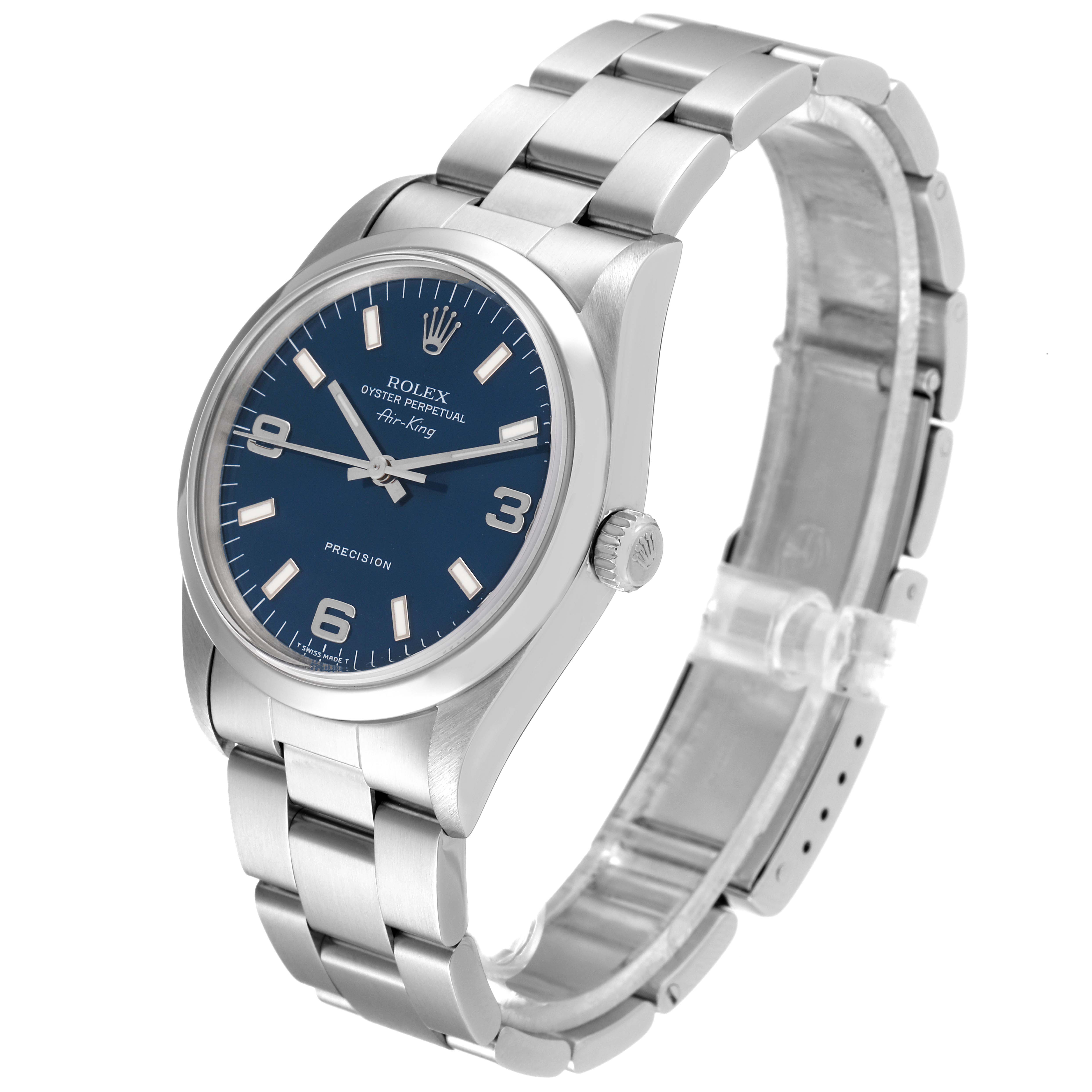 The Rolex Air-King 14000 Men's Stainless Steel Blue Dial 14000 Men's Stainless Steel Blue Dial watch is shown at an oblique angle, featuring its blue dial, case, and bracelet.