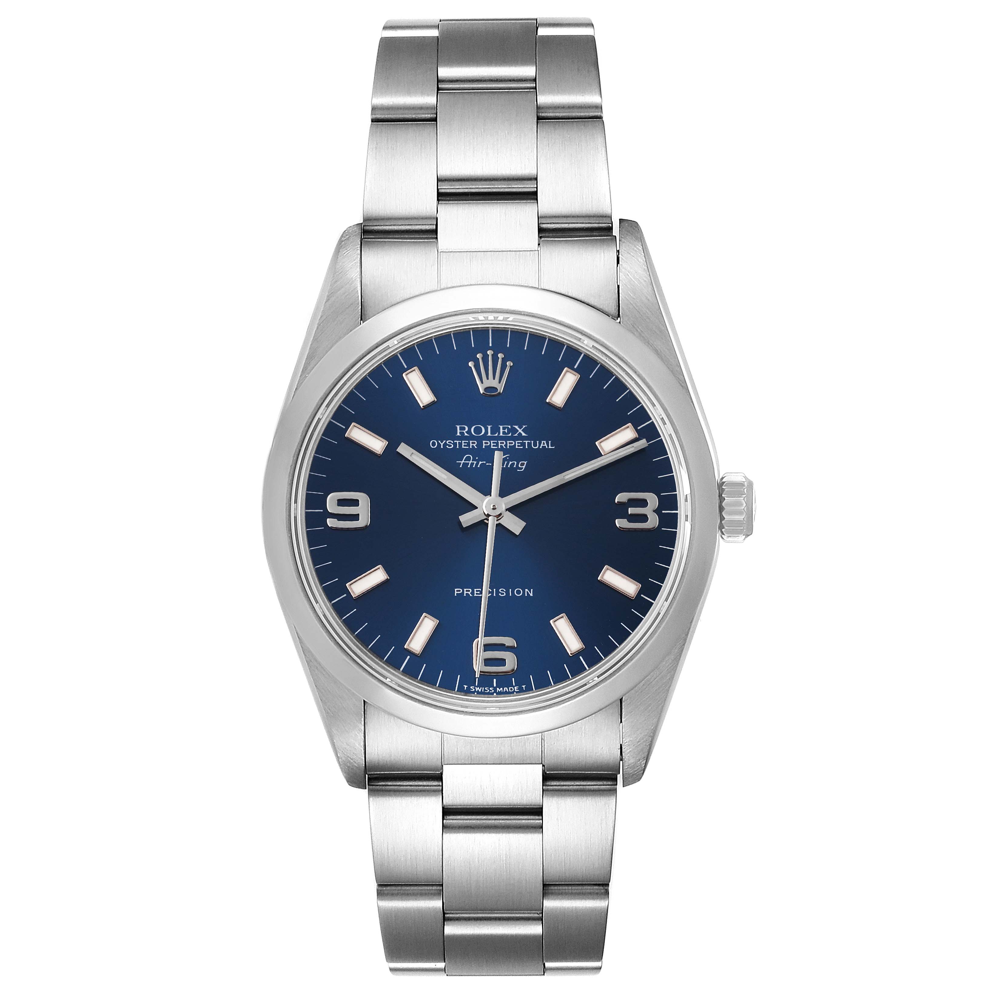The image shows a Rolex Air-King 14000 Men's Stainless Steel Blue Dial 14000 Men's Stainless Steel Blue Dial watch with a frontal view, displaying the dial, hands, and bracelet.