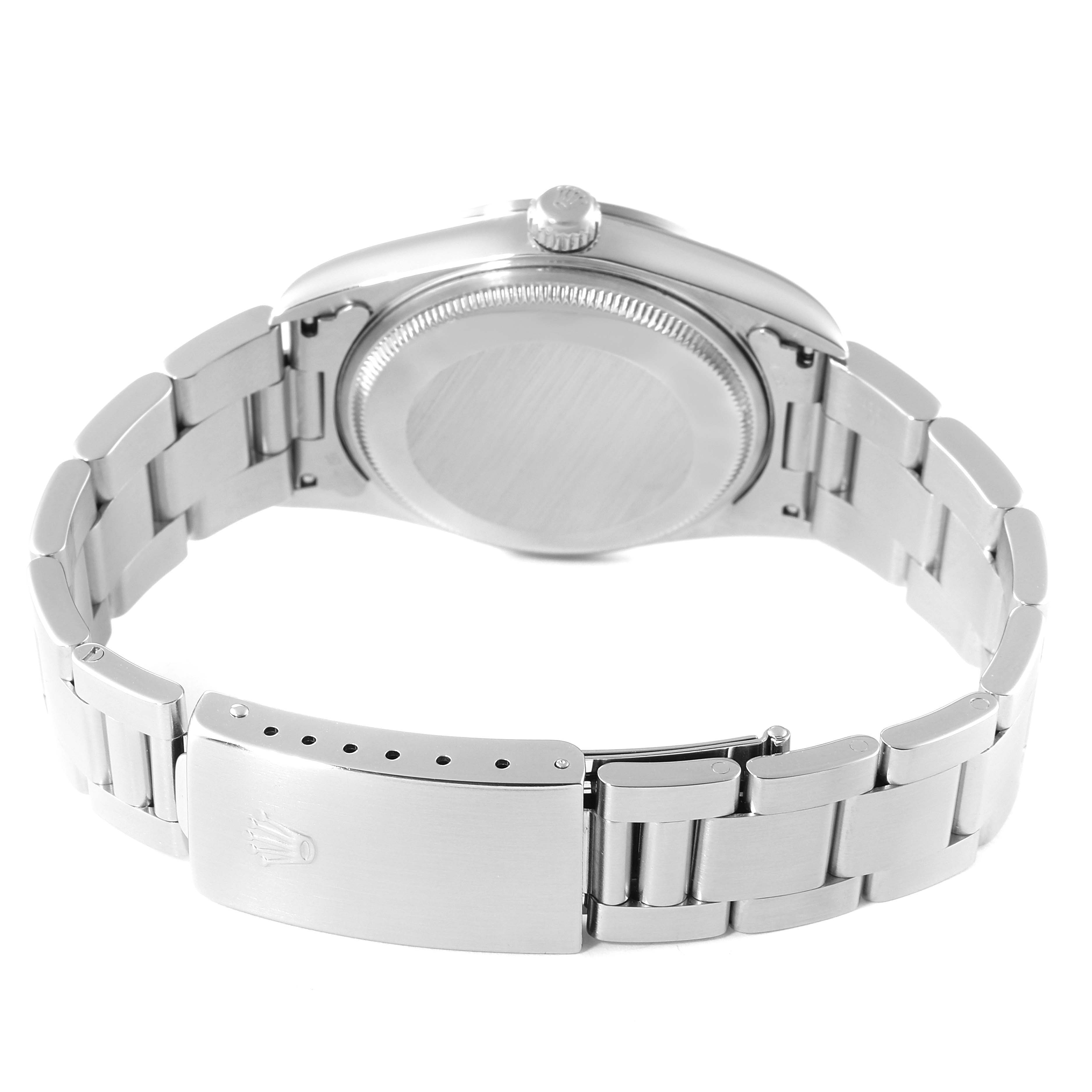 The image shows the back view of a Rolex Air-King 14000 Men's Stainless Steel Blue Dial 14000 Men's Stainless Steel Blue Dial watch, focusing on the clasp and caseback.