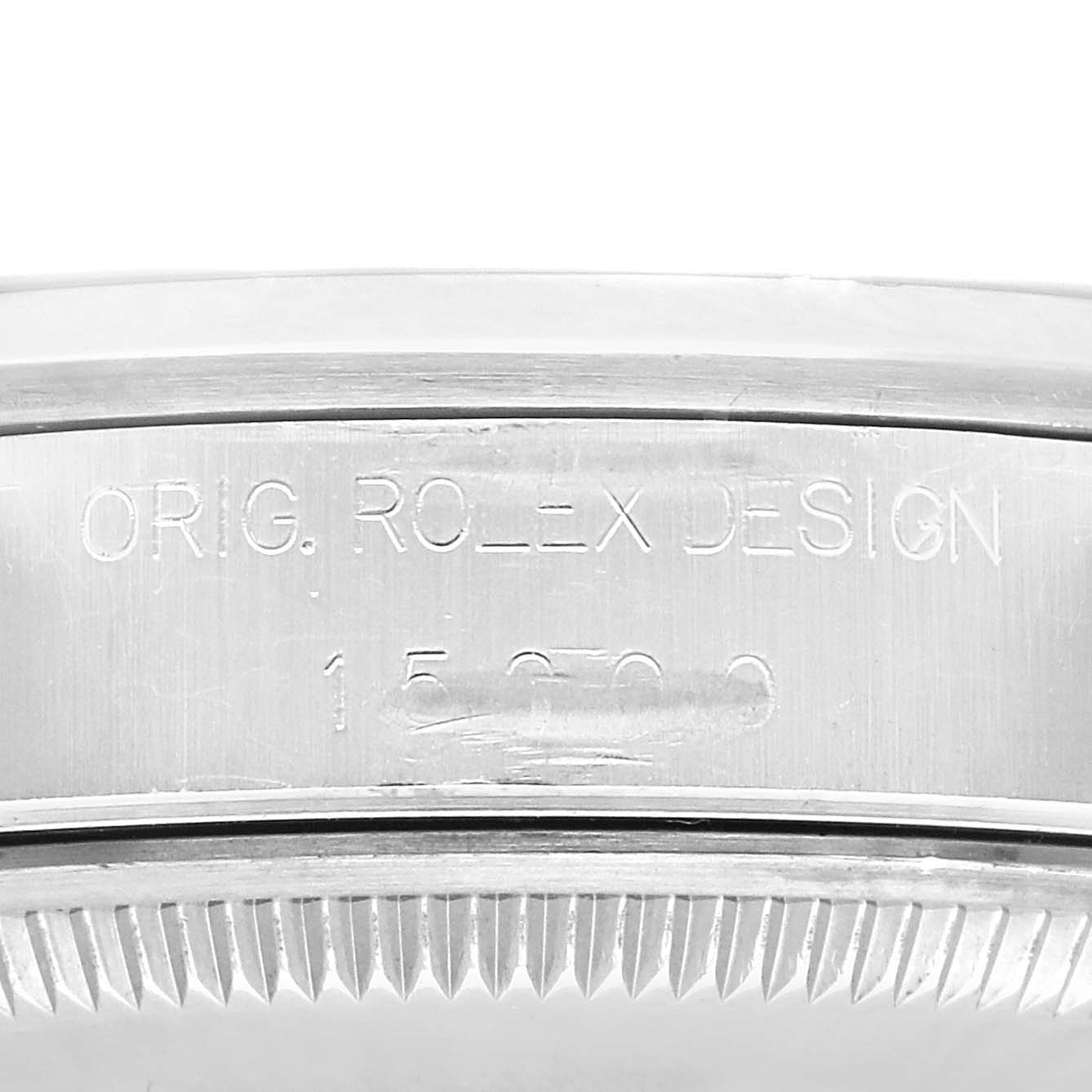 This image shows the side view of the Rolex Date 15200 Men's Stainless Steel Black Dial 15200 Men's Stainless Steel Black Dial model's case, highlighting the engraved "ORIG. ROLEX DESIGN" inscription.