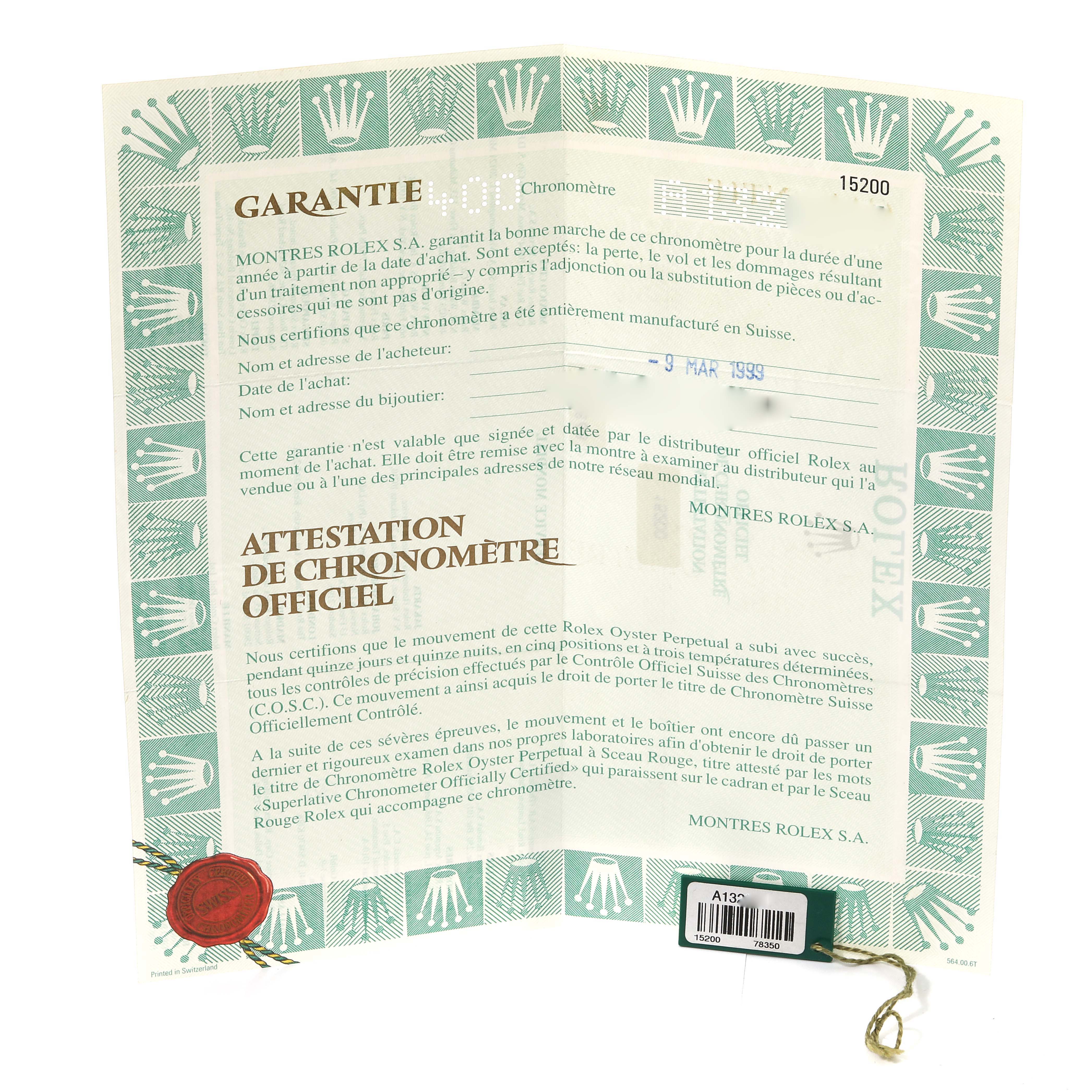 This image shows the warranty certificate for the Rolex Date 15200 Men's Stainless Steel Black Dial 15200 Men's Stainless Steel Black Dial model watch.