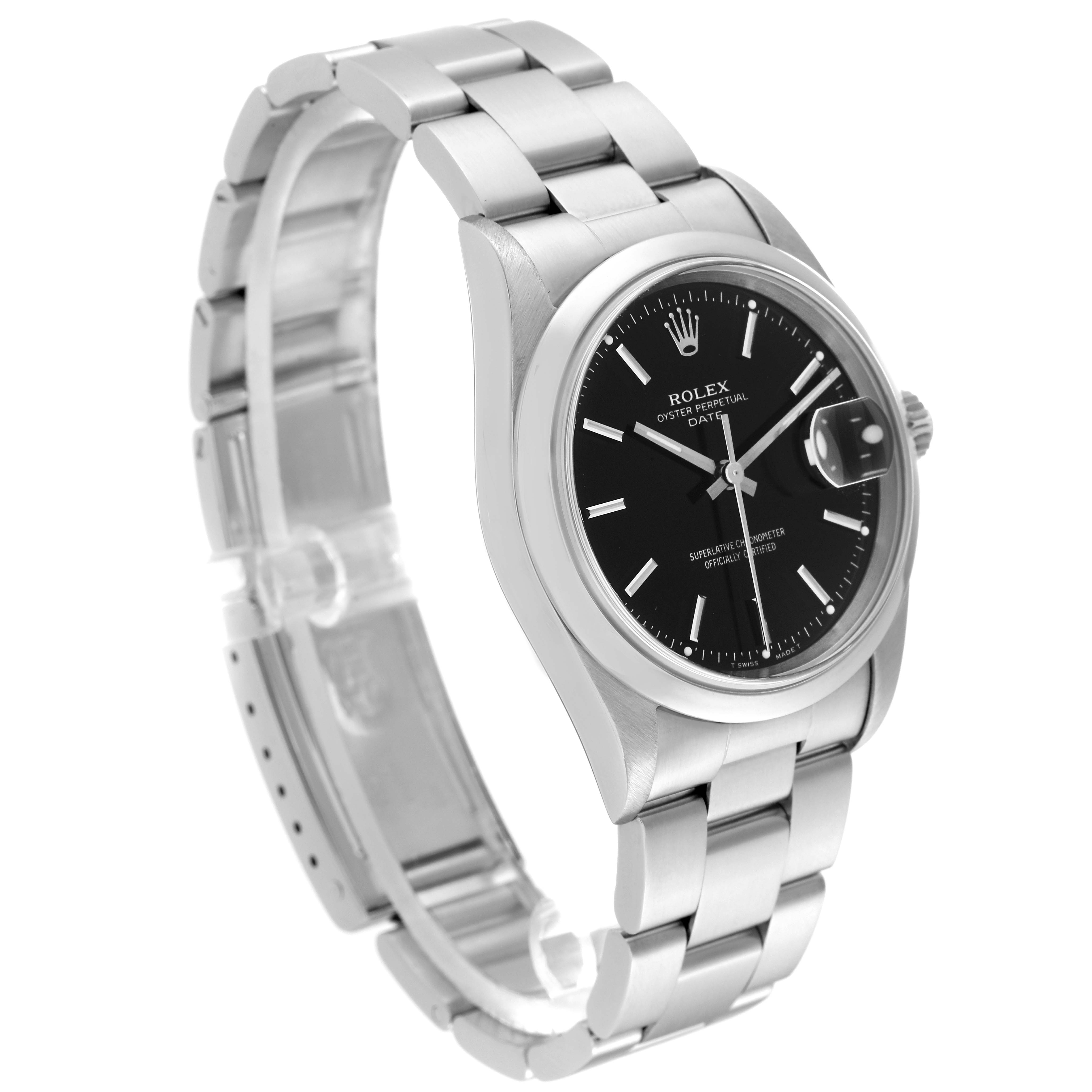 The image shows a side profile of a Rolex Date 15200 Men's Stainless Steel Black Dial 15200 Men's Stainless Steel Black Dial model watch, featuring its black dial, stainless steel case, and bracelet.