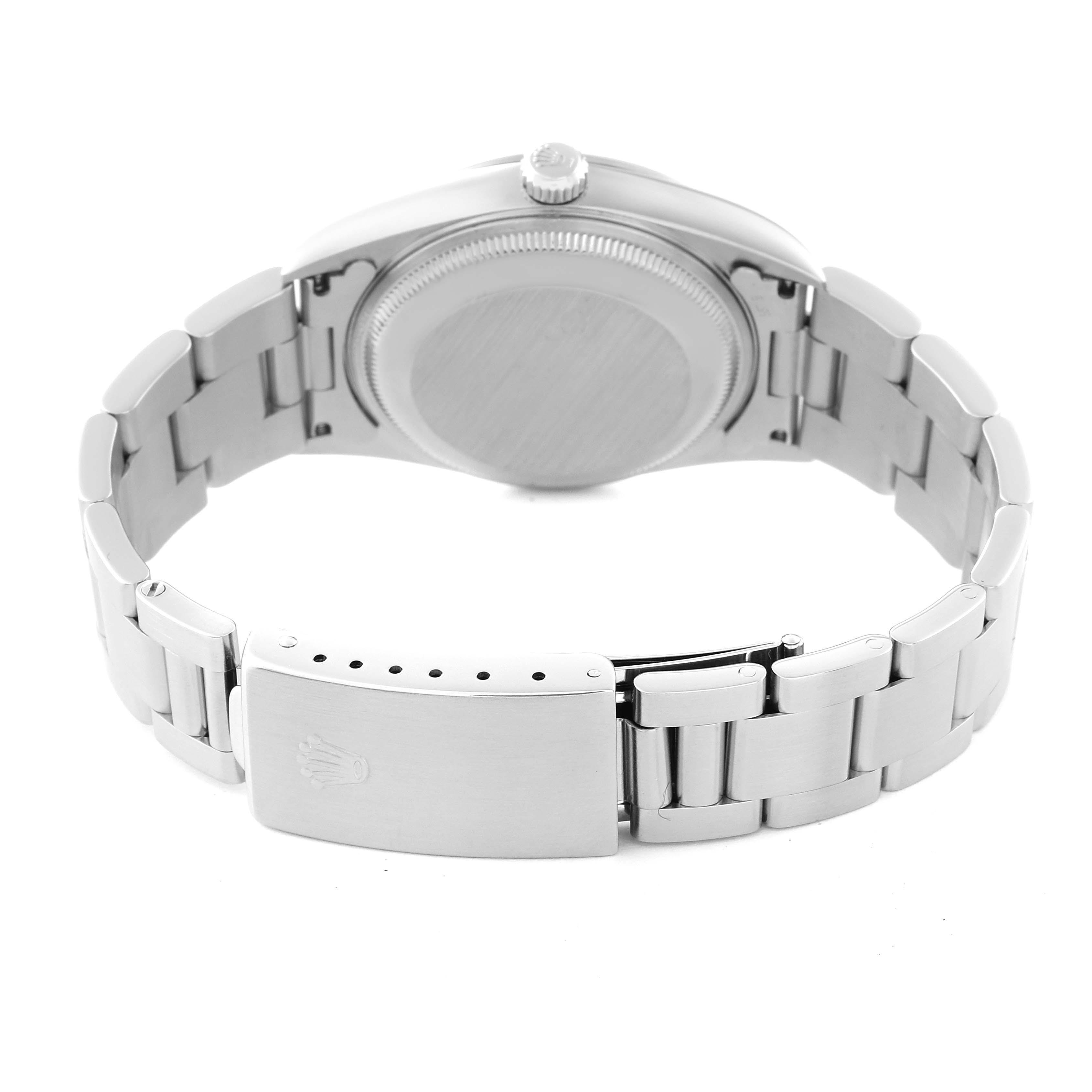 The image shows the back view of the Rolex Date 15200 Men's Stainless Steel Black Dial 15200 Men's Stainless Steel Black Dial model watch, highlighting the case back and stainless steel bracelet with the clasp.