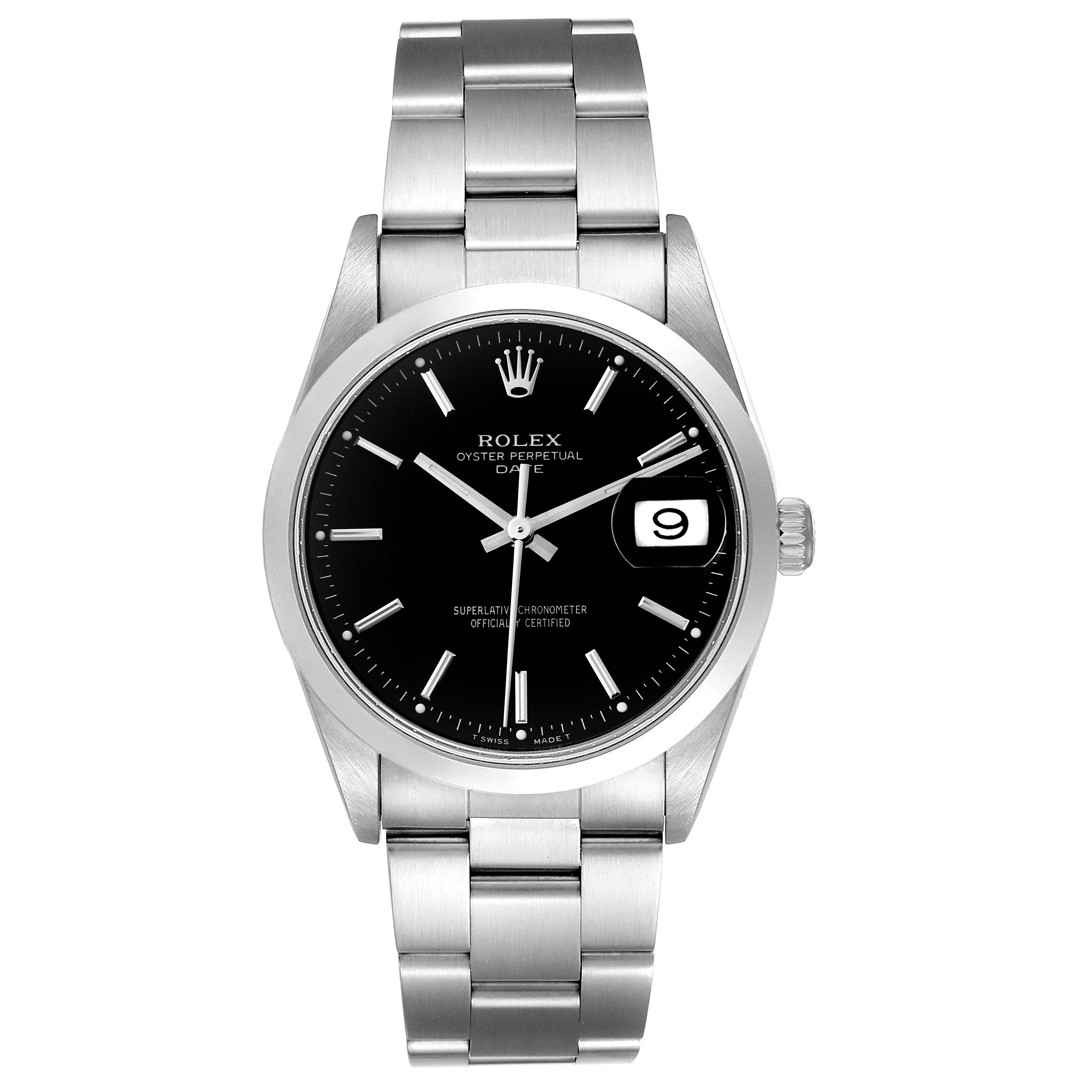 The image shows a front view of the Rolex Date 15200 Men's Stainless Steel Black Dial 15200 Men's Stainless Steel Black Dial model watch, displaying the dial, hands, bracelet, and date window.