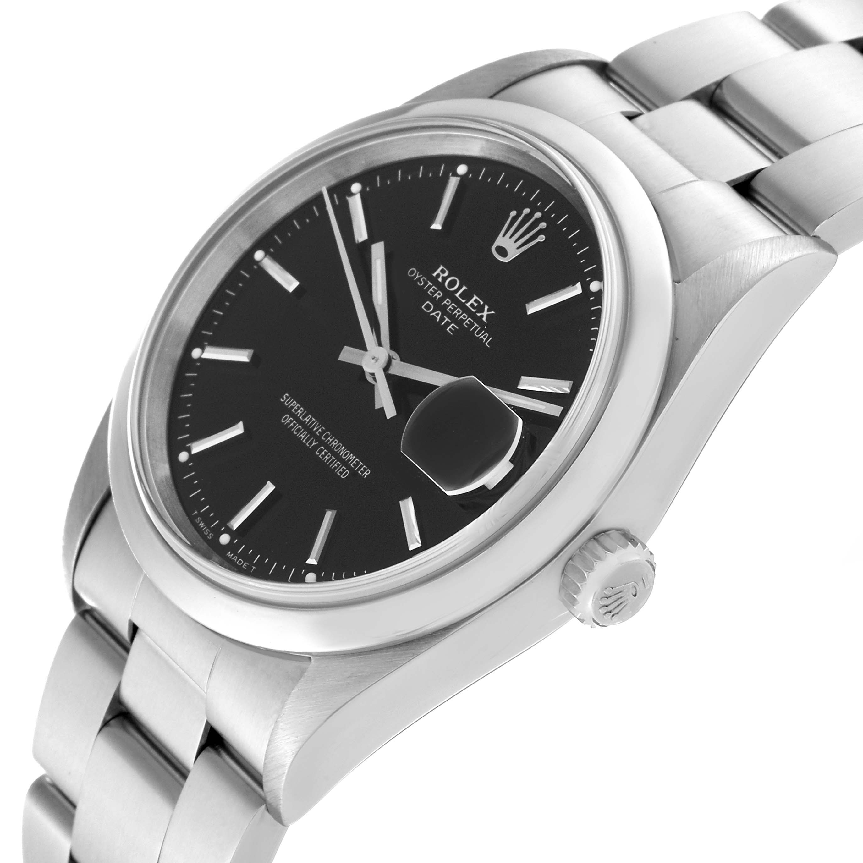 The image shows a Rolex Date 15200 Men's Stainless Steel Black Dial 15200 Men's Stainless Steel Black Dial model watch at a slightly tilted angle highlighting the dial, bezel, bracelet, and crown.