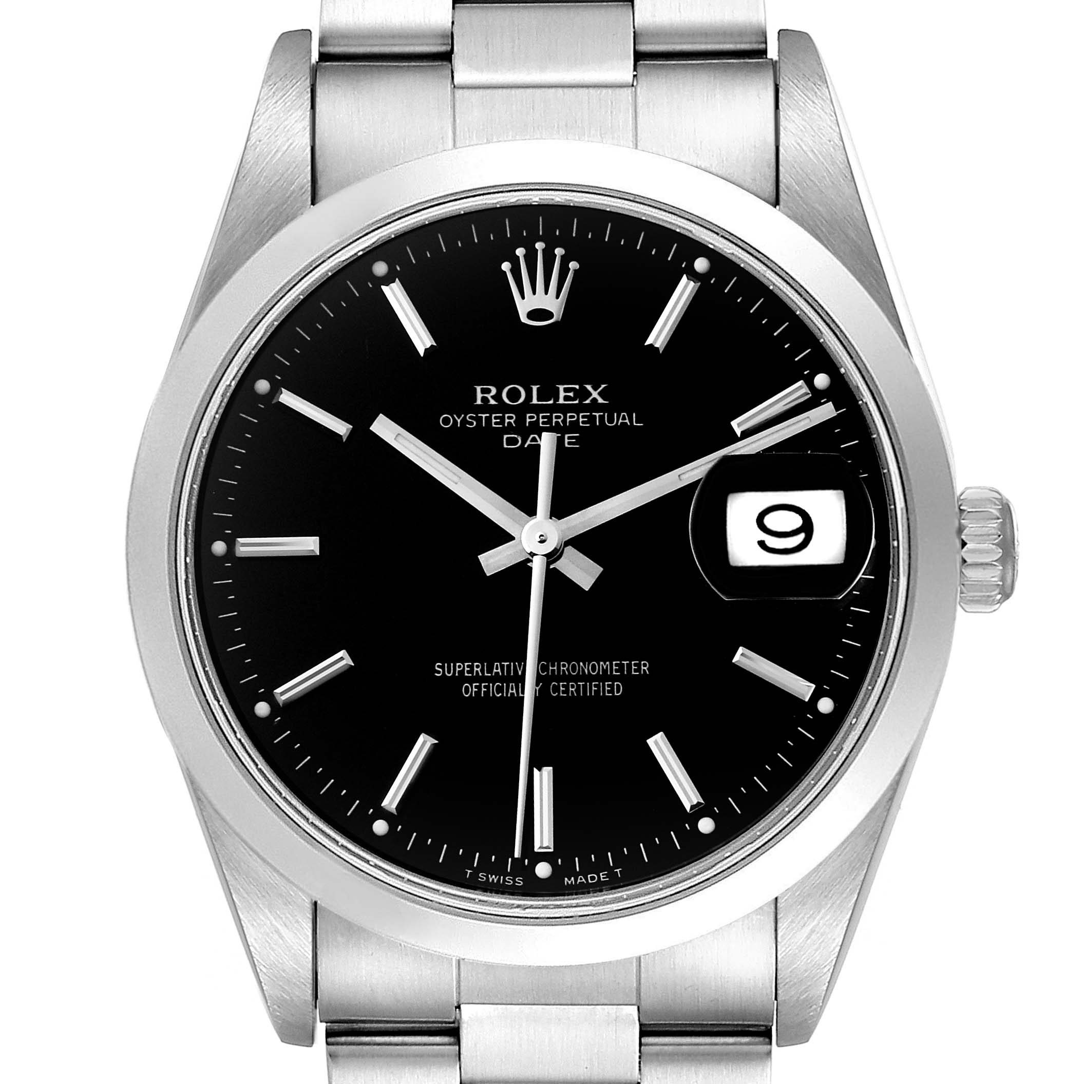 This image shows a front view of a Rolex Date 15200 Men's Stainless Steel Black Dial 15200 Men's Stainless Steel Black Dial model watch, highlighting its black dial, steel case, and bracelet with a date window at 3 o'clock.