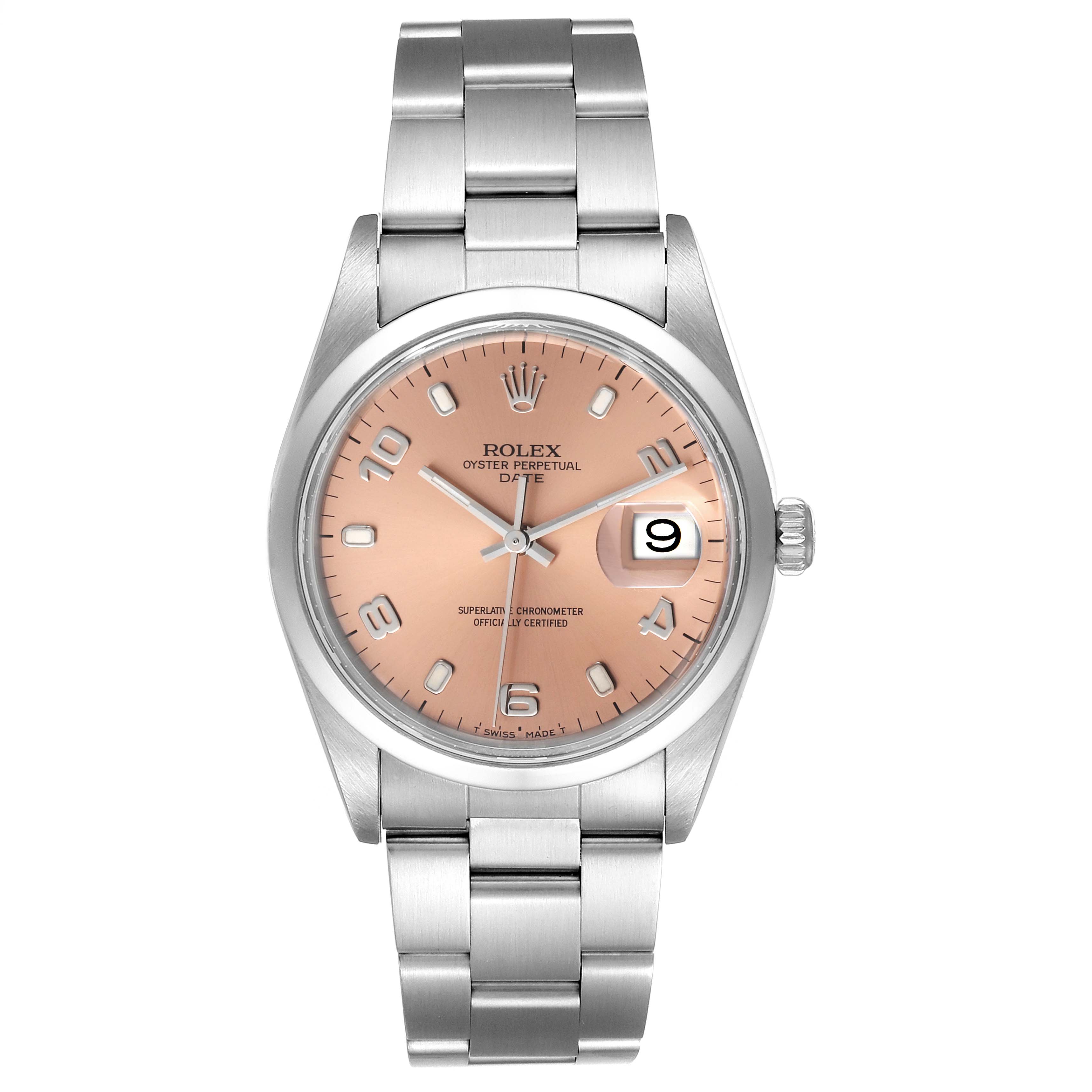 The image shows a front view of a Rolex Date 15200 Men's Stainless Steel Pink Dial 15200 Men's Stainless Steel Pink Dial model watch, highlighting the dial, bezel, bracelet, and date window.
