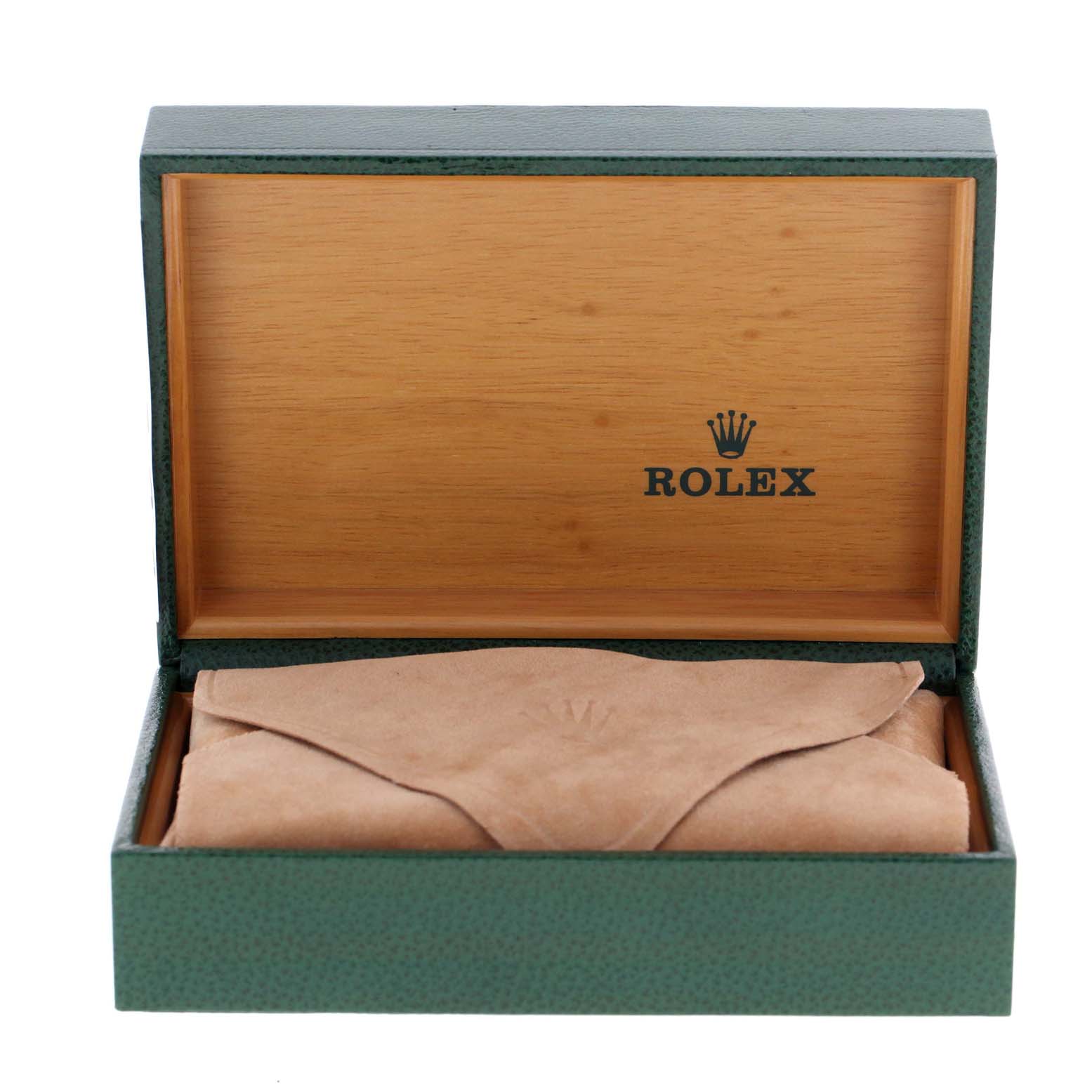 The image shows an open Rolex box containing a wrapped Date model watch by Rolex.