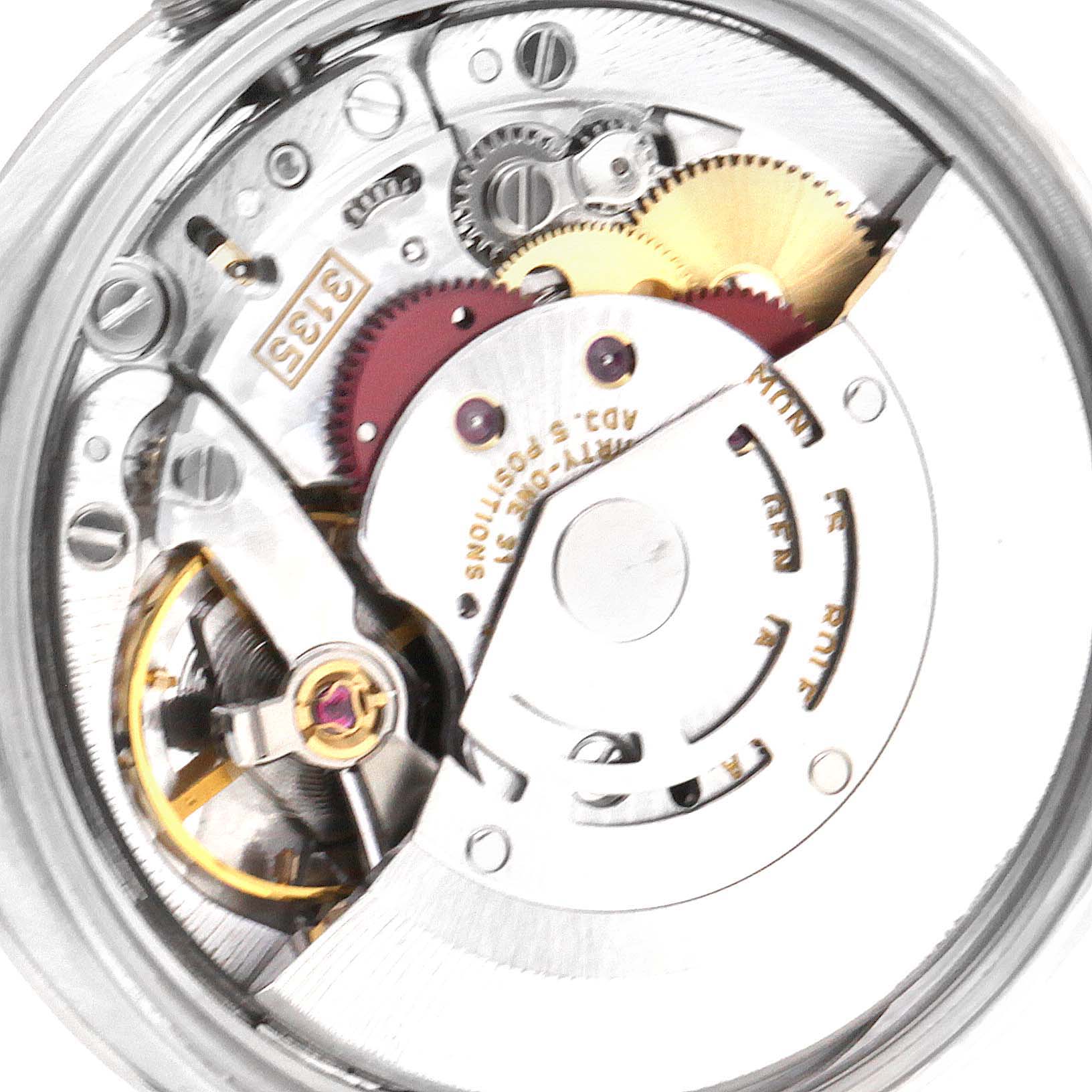 The image shows a detailed view of the movement mechanism inside a Rolex Date 15200 Men's Stainless Steel Pink Dial 15200 Men's Stainless Steel Pink Dial model watch.