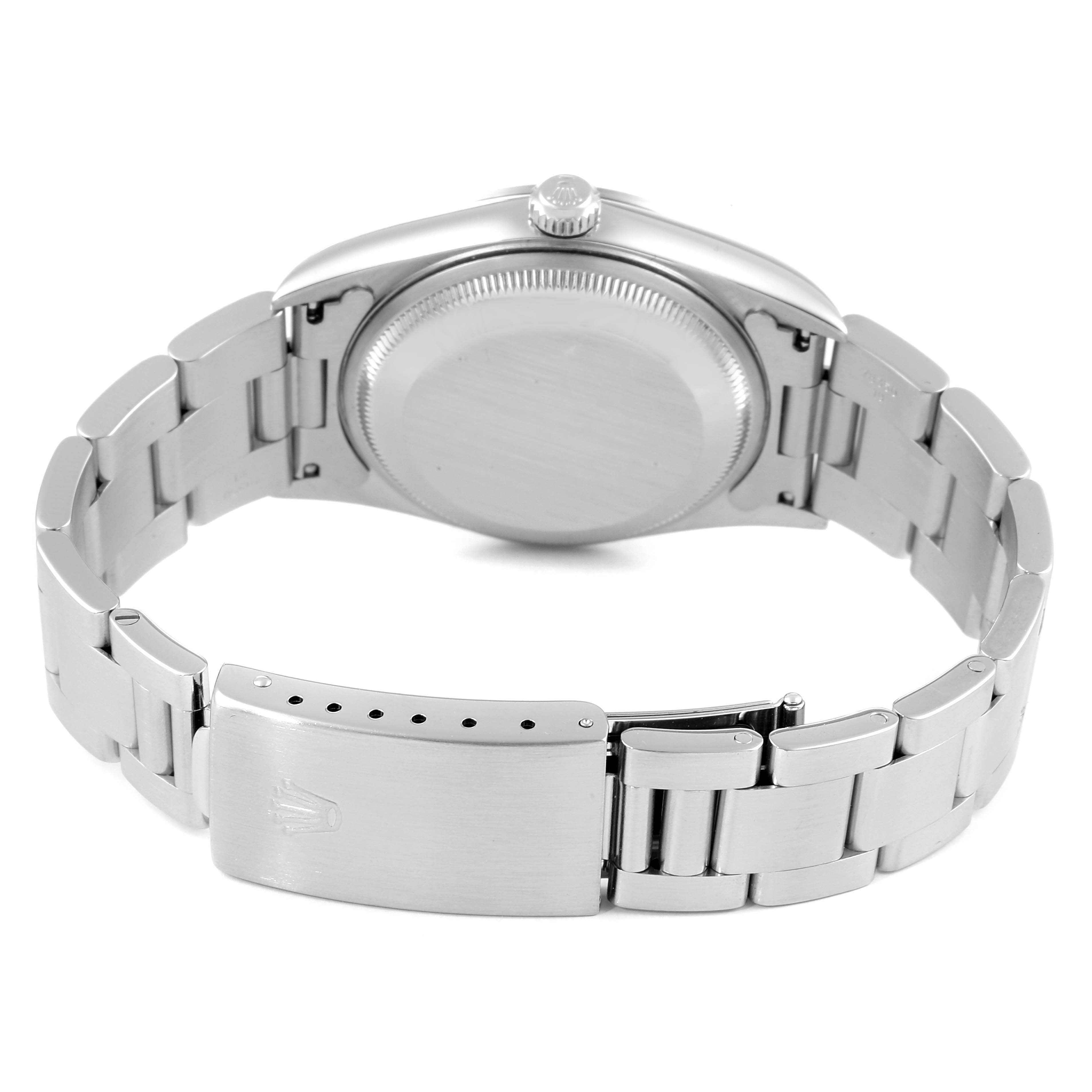 This image shows the back case and bracelet of a Rolex Date 15200 Men's Stainless Steel Pink Dial 15200 Men's Stainless Steel Pink Dial model watch, highlighting the clasp and case back.