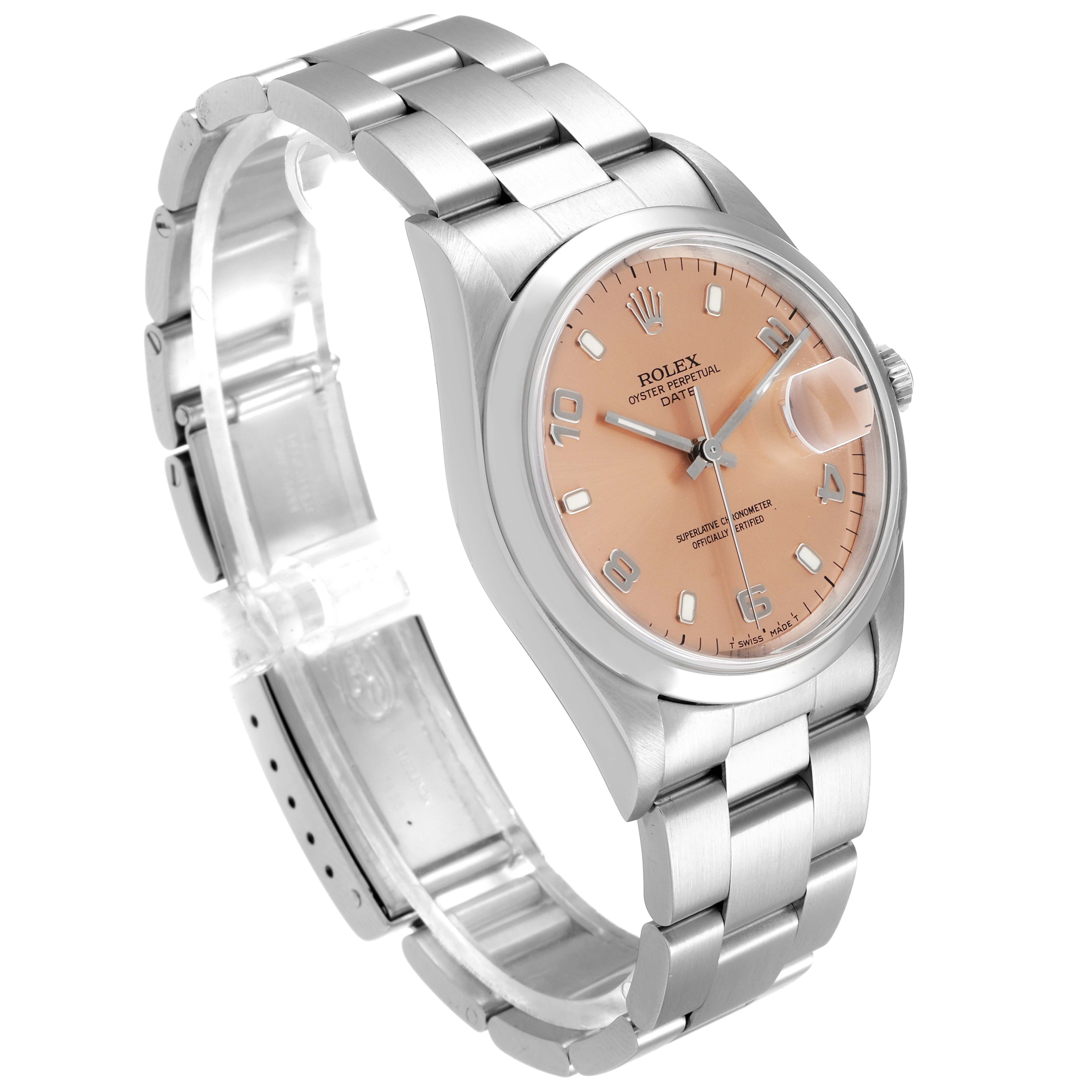 This image shows a Rolex Date 15200 Men's Stainless Steel Pink Dial 15200 Men's Stainless Steel Pink Dial model watch, angled to display the pink dial, silver bracelet, and partially open clasp.