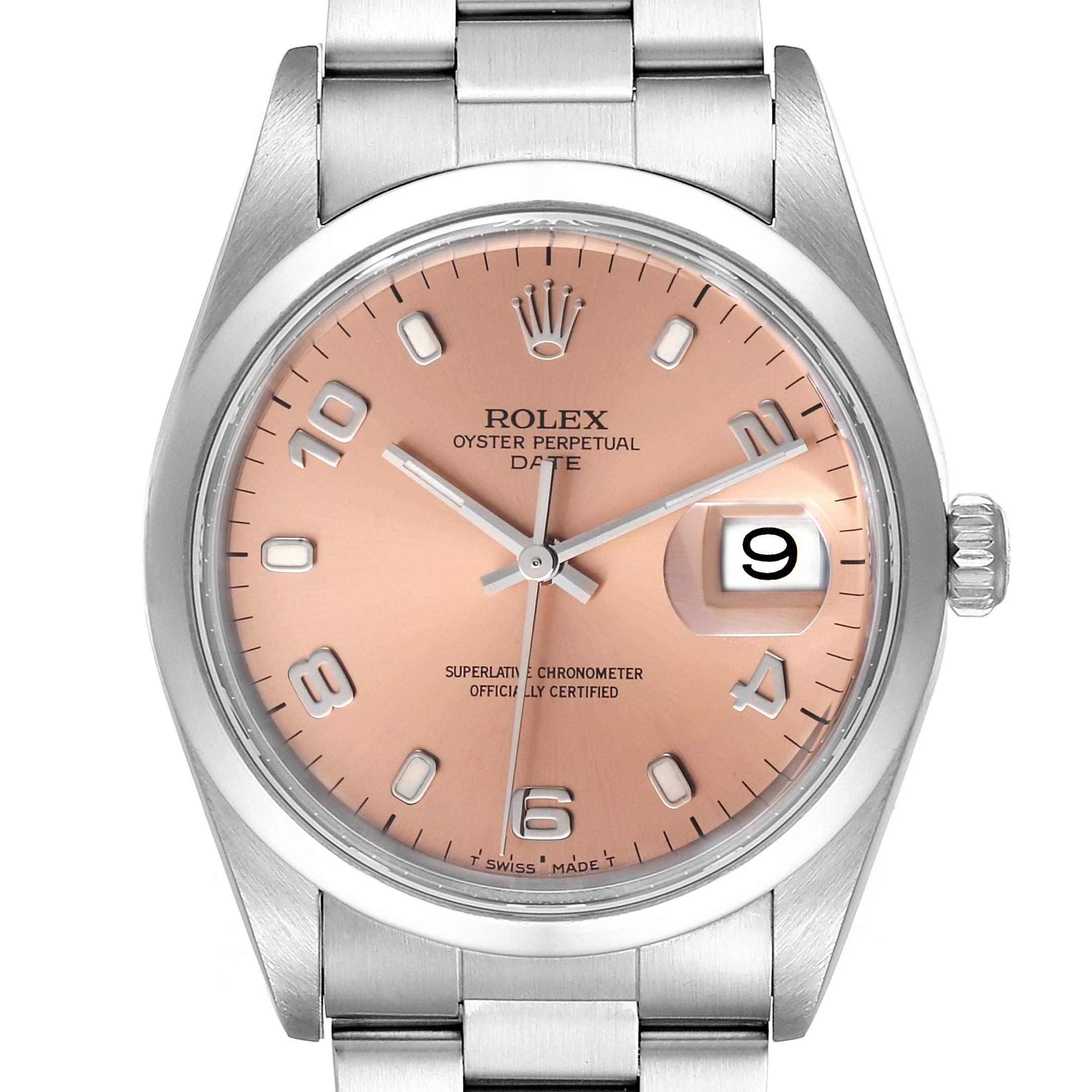 This image shows a Rolex Date 15200 Men's Stainless Steel Pink Dial 15200 Men's Stainless Steel Pink Dial model watch from the front, displaying the face, dial, hands, crown, and part of the bracelet.