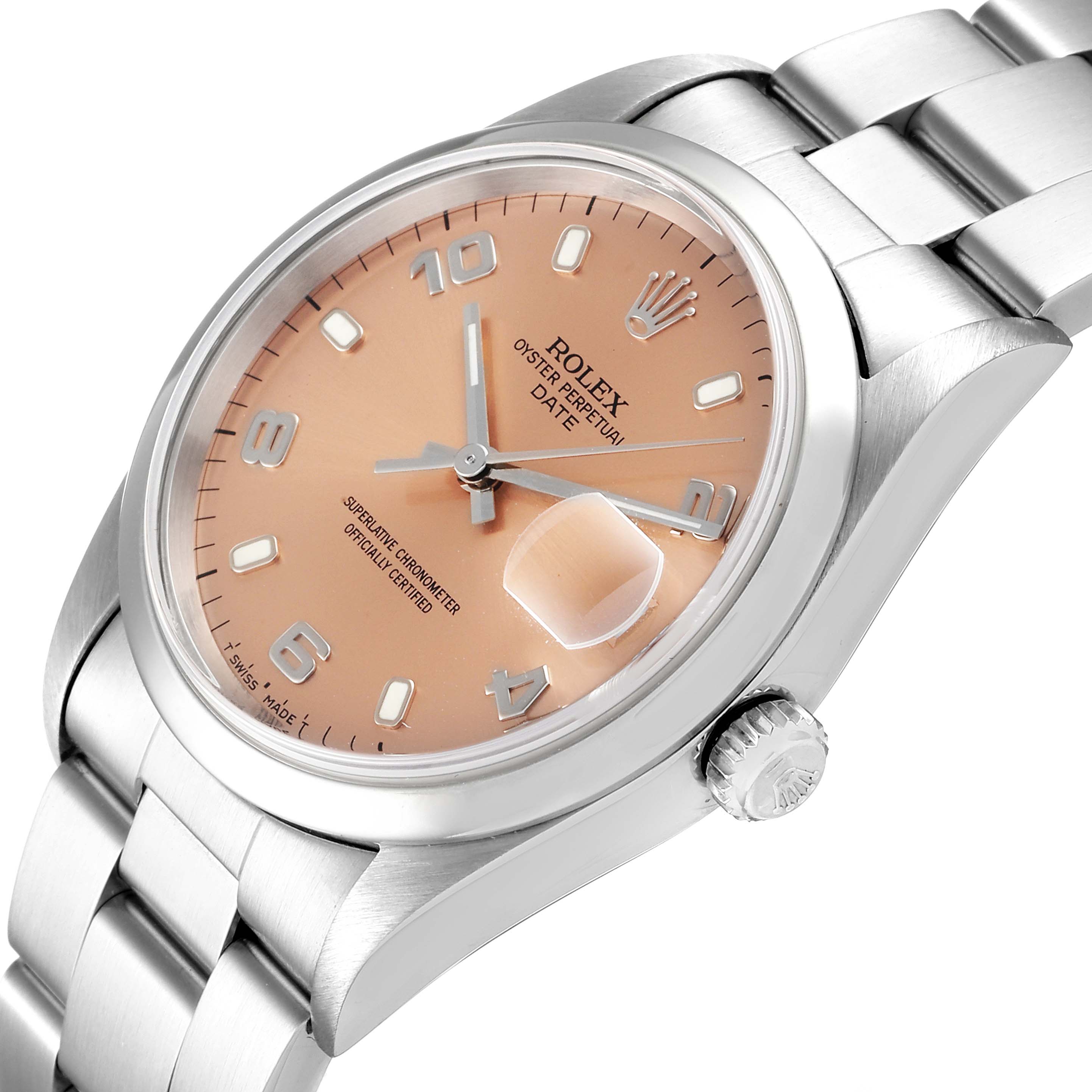 The image shows a Rolex Date 15200 Men's Stainless Steel Pink Dial 15200 Men's Stainless Steel Pink Dial watch at a three-quarter angle, highlighting the dial, crown, case, and part of the bracelet.