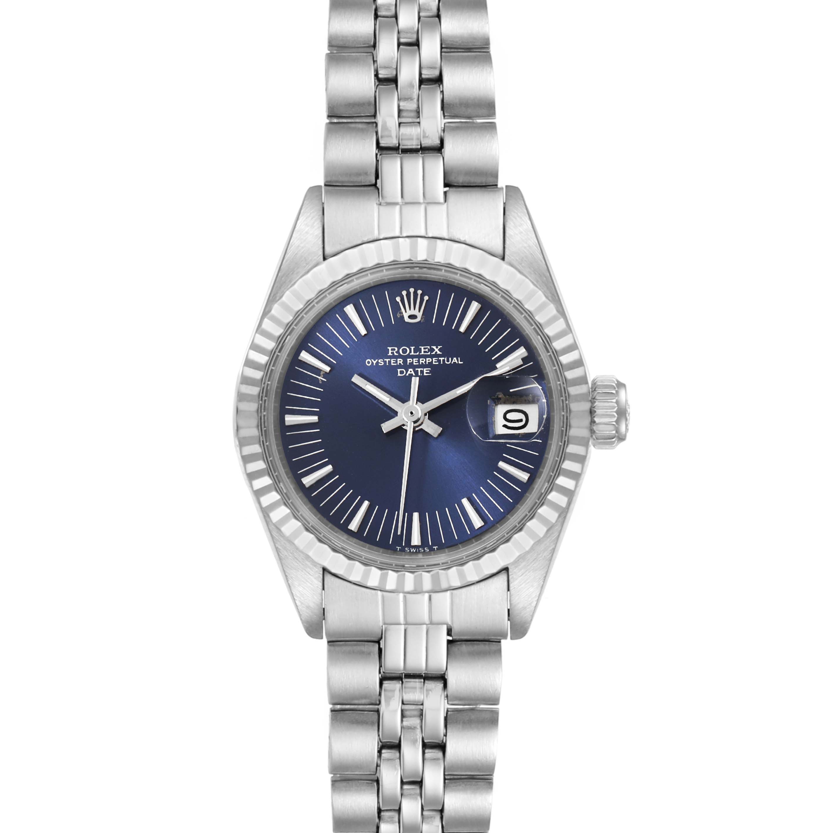This image shows a front view of a Rolex Date 6917 Women's Stainless Steel Blue Dial 6917 Women's Stainless Steel Blue Dial model watch, featuring the dial, bezel, crown, and part of the bracelet.