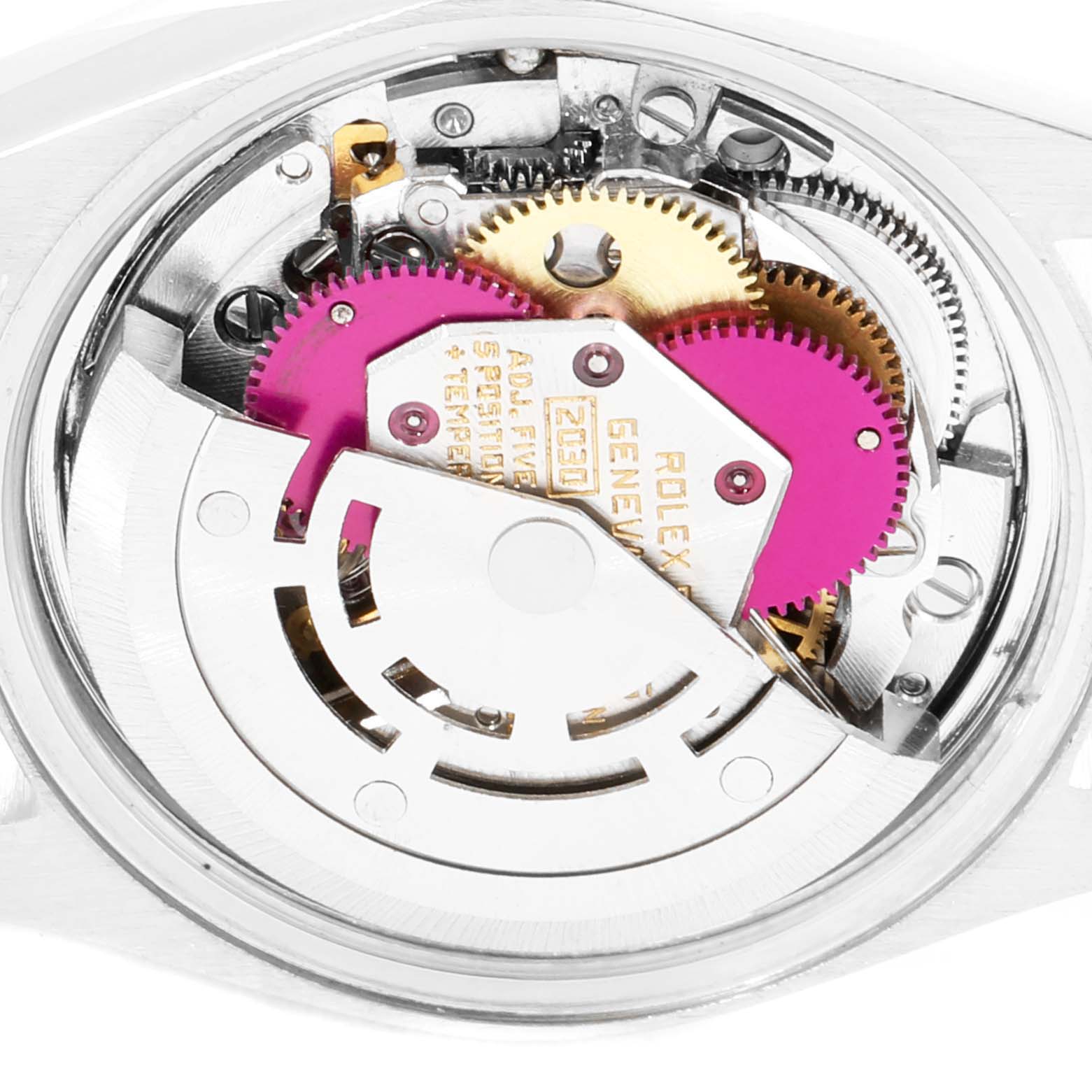 This image shows the internal movement mechanism of a Rolex Date 6917 Women's Stainless Steel Blue Dial 6917 Women's Stainless Steel Blue Dial model watch from a top-down angle.