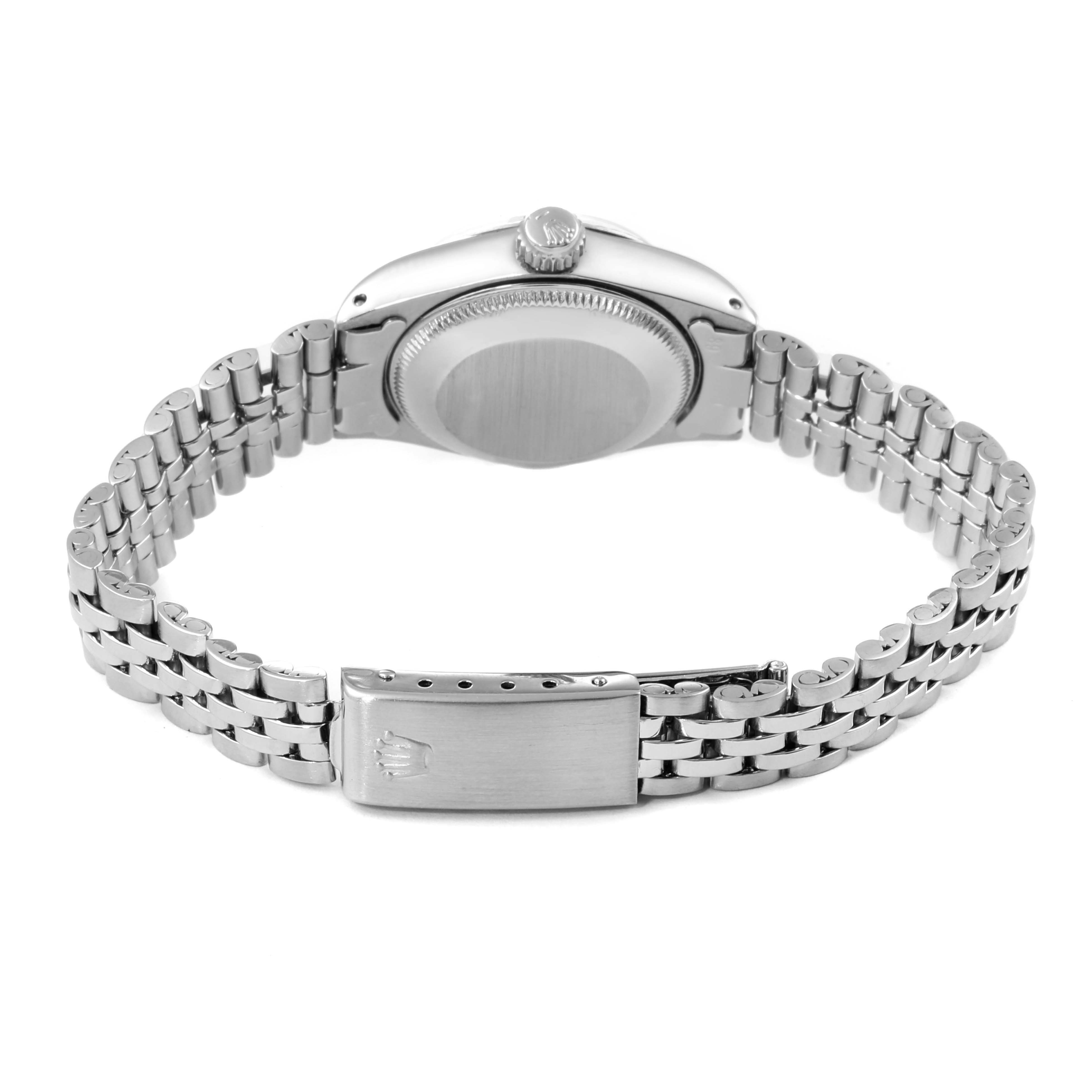 This image shows the back of a Rolex Date 6917 Women's Stainless Steel Blue Dial 6917 Women's Stainless Steel Blue Dial watch, focusing on the case back, crown, and the entire bracelet with the clasp.