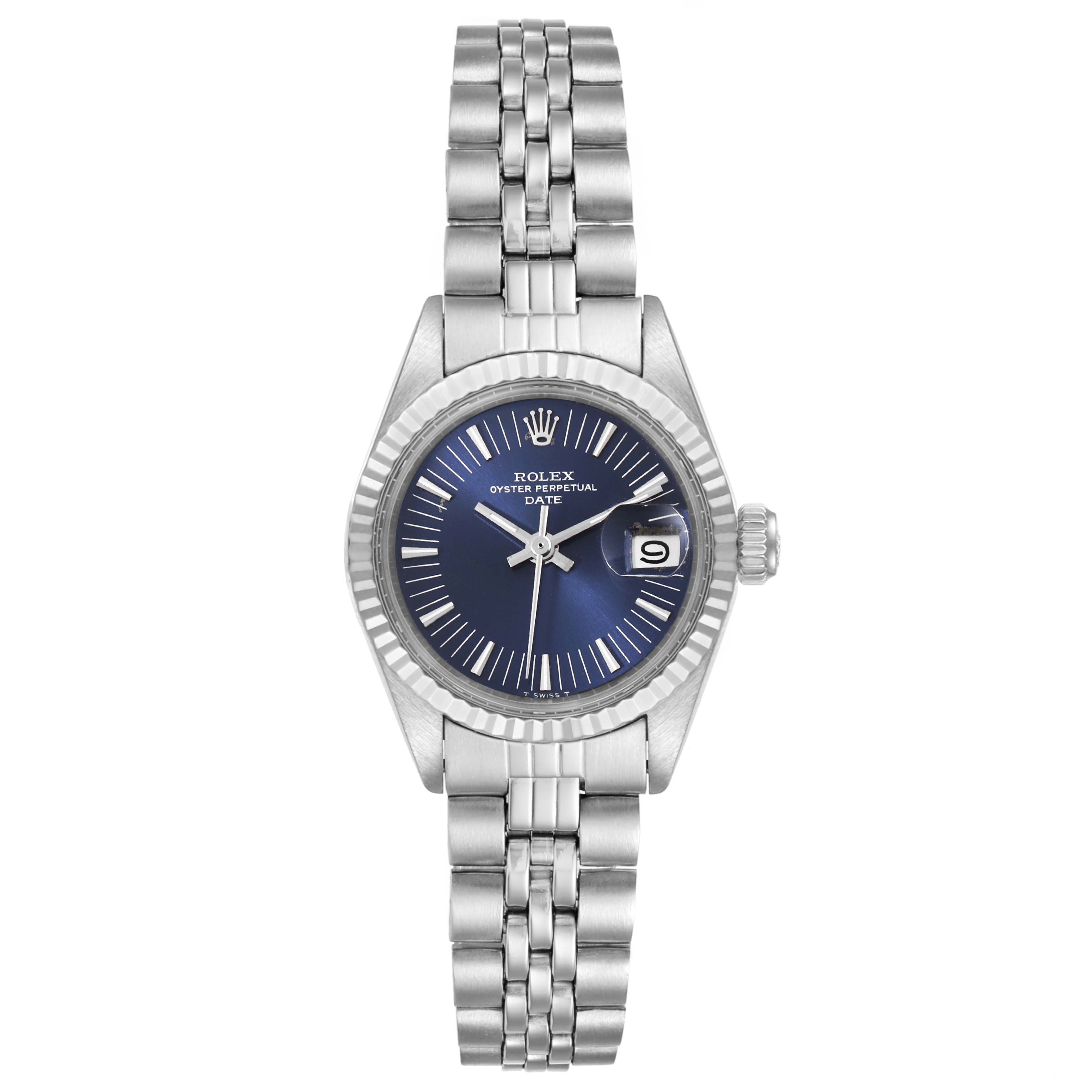 This Rolex Date 6917 Women's Stainless Steel Blue Dial 6917 Women's Stainless Steel Blue Dial model watch is shown from the front angle, displaying the dial, bracelet, crown, and date magnifier.