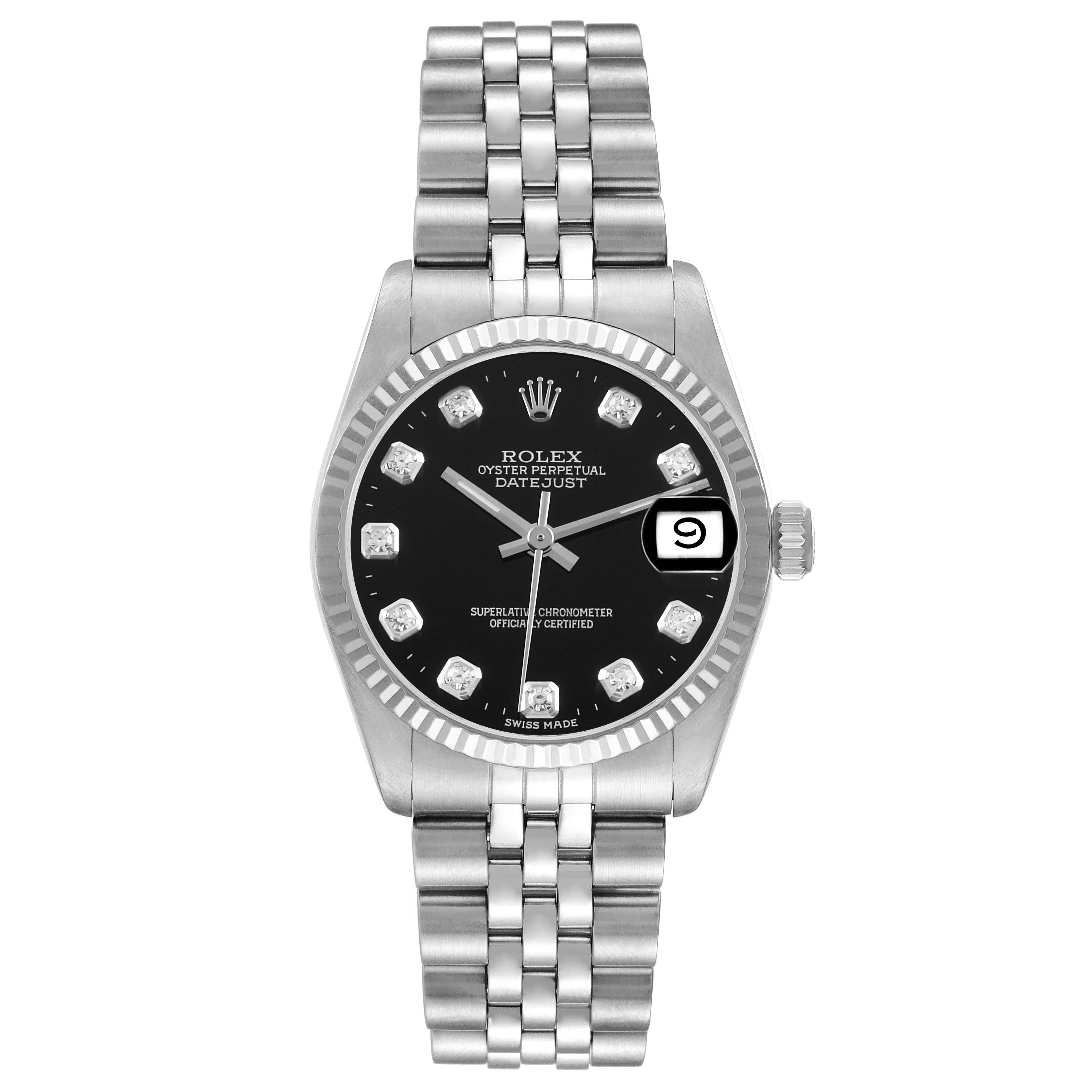 This Rolex Mid-Size 68274 Women's Stainless Steel Black Dial Datejust watch is shown from a front view, highlighting its dial, bezel, and bracelet.