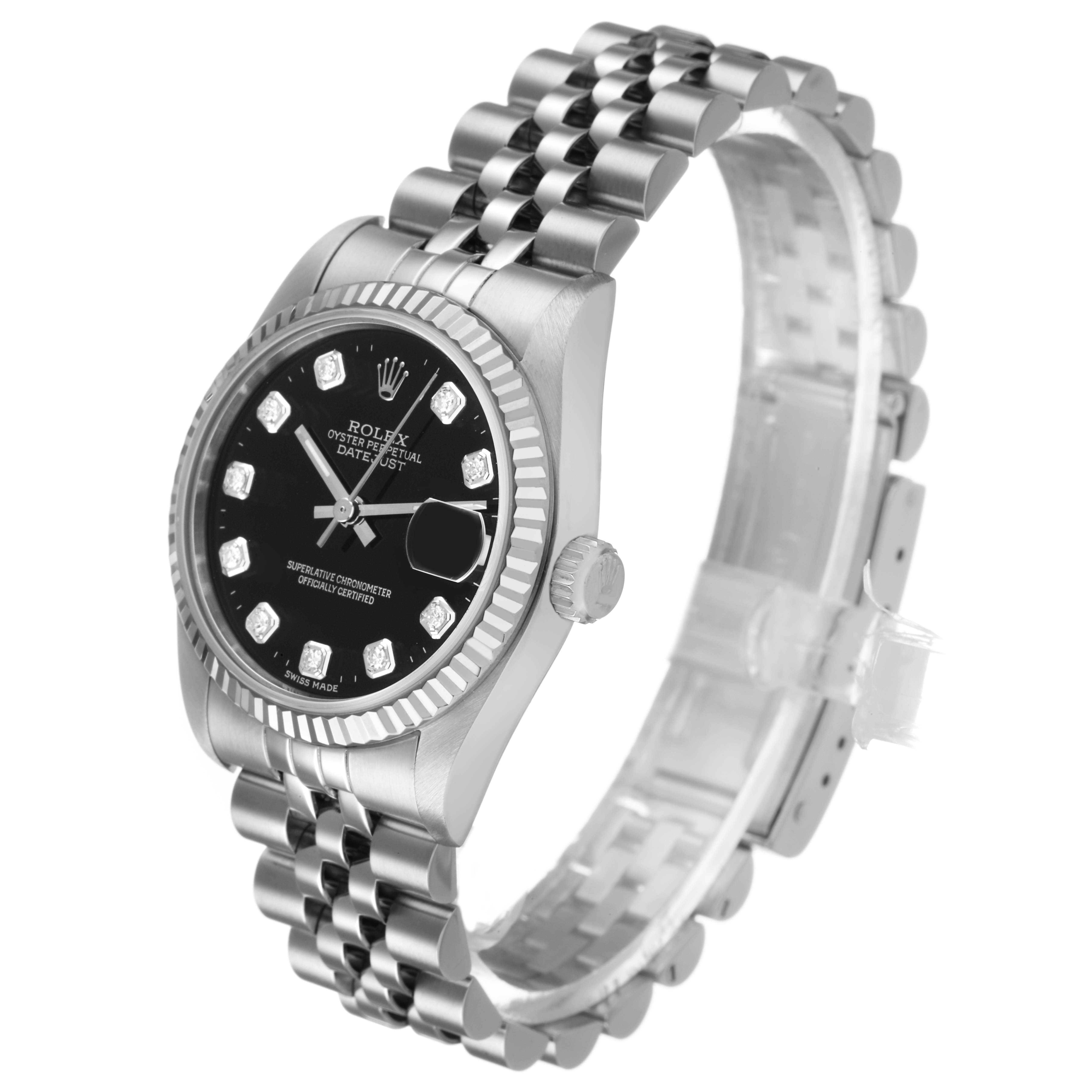 The Rolex Mid-Size 68274 Women's Stainless Steel Black Dial model is shown at a three-quarter angle, highlighting the face, bezel, and part of the bracelet.
