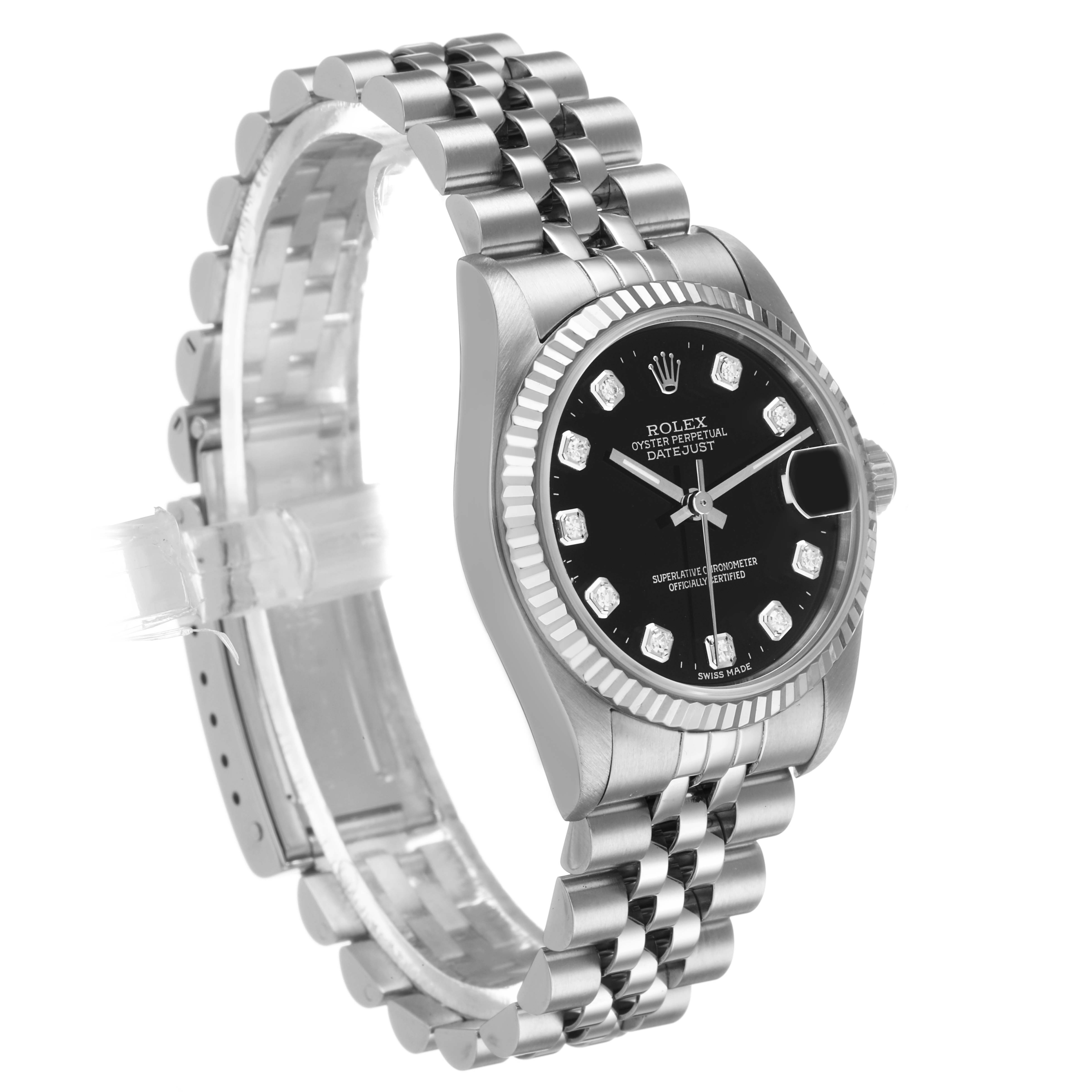 The Rolex Mid-Size 68274 Women's Stainless Steel Black Dial watch is shown at a three-quarter angle, highlighting its face, bezel, and bracelet.
