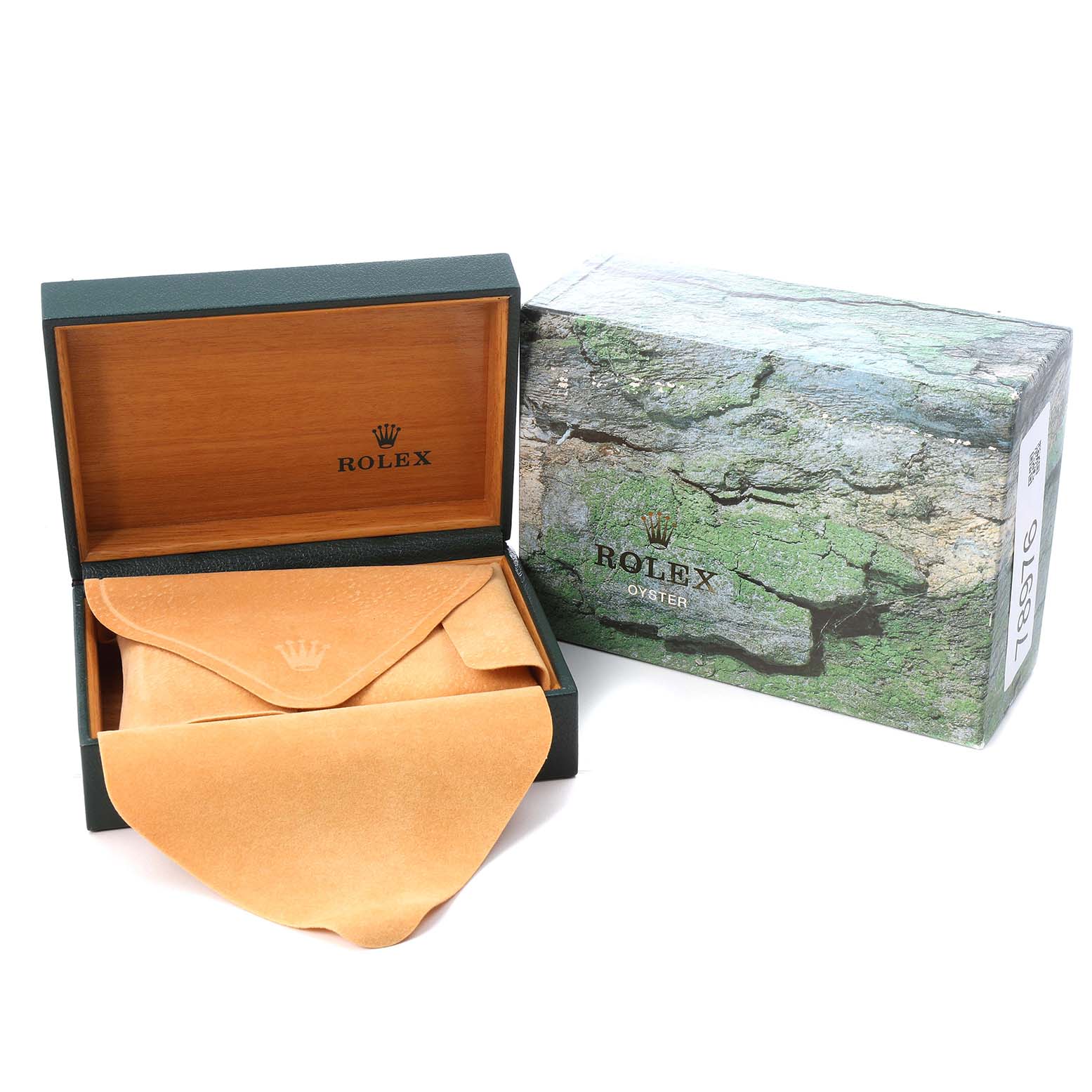 The image shows a Rolex Mid-Size 68274 Women's Stainless Steel Black Dial watch box, an open display case, and a protective pouch at an angle.