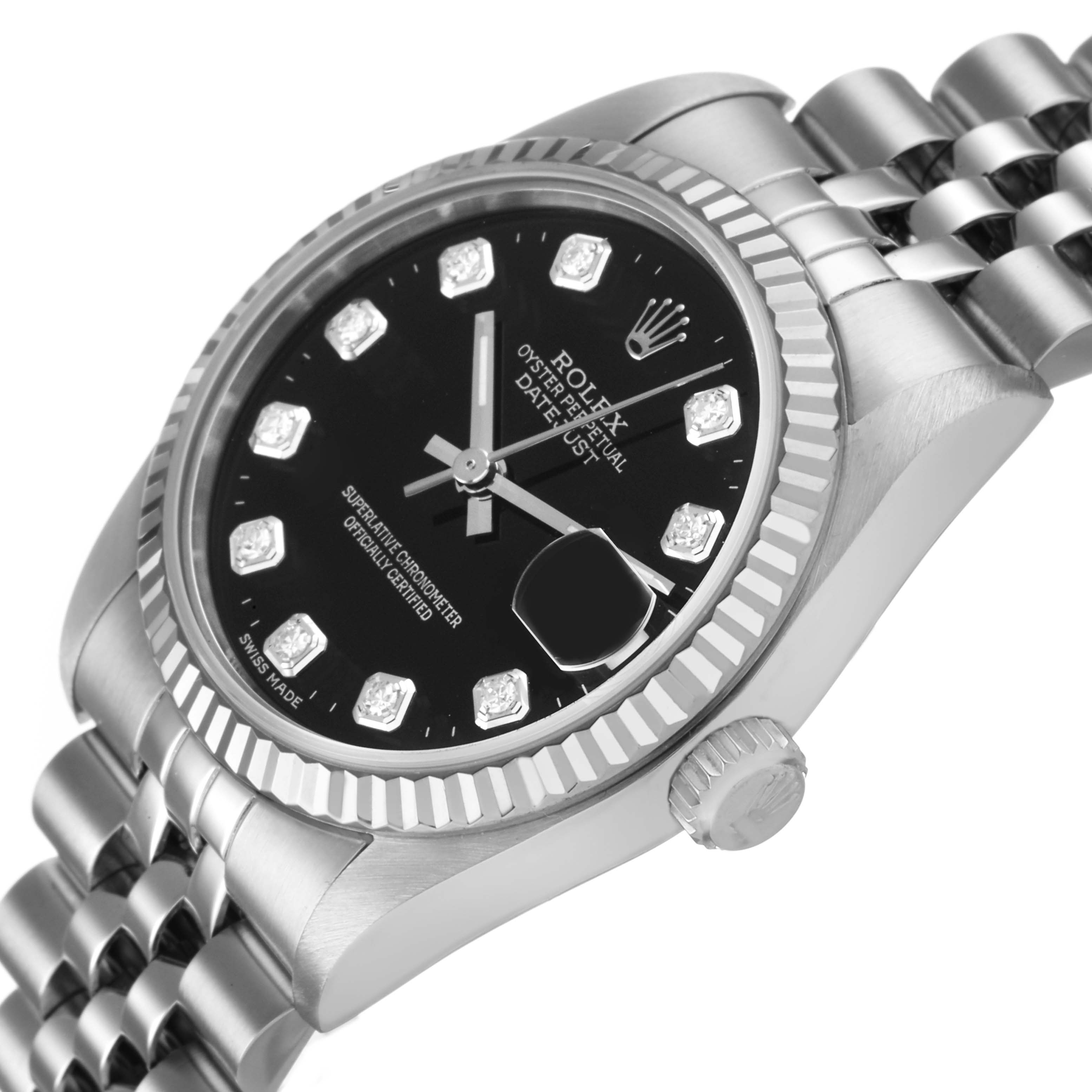 The Rolex Mid-Size 68274 Women's Stainless Steel Black Dial watch is shown from a side angle highlighting the bezel, dial, crown, and part of the bracelet.