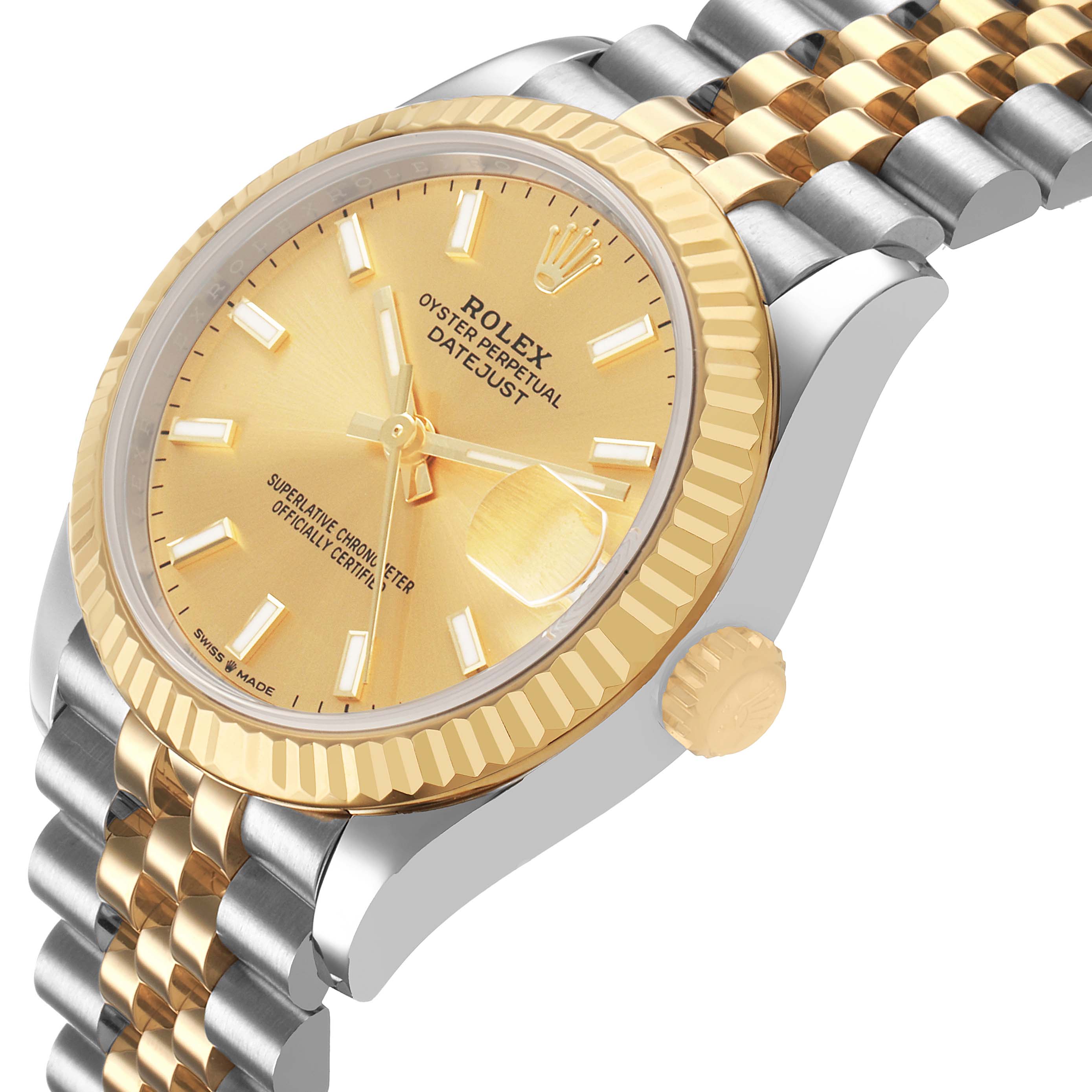The Rolex Datejust 278273 Men's Steel and Gold (two tone) Champagne Dial watch is shown at a three-quarter angle, highlighting the bezel, crown, dial, and bracelet.