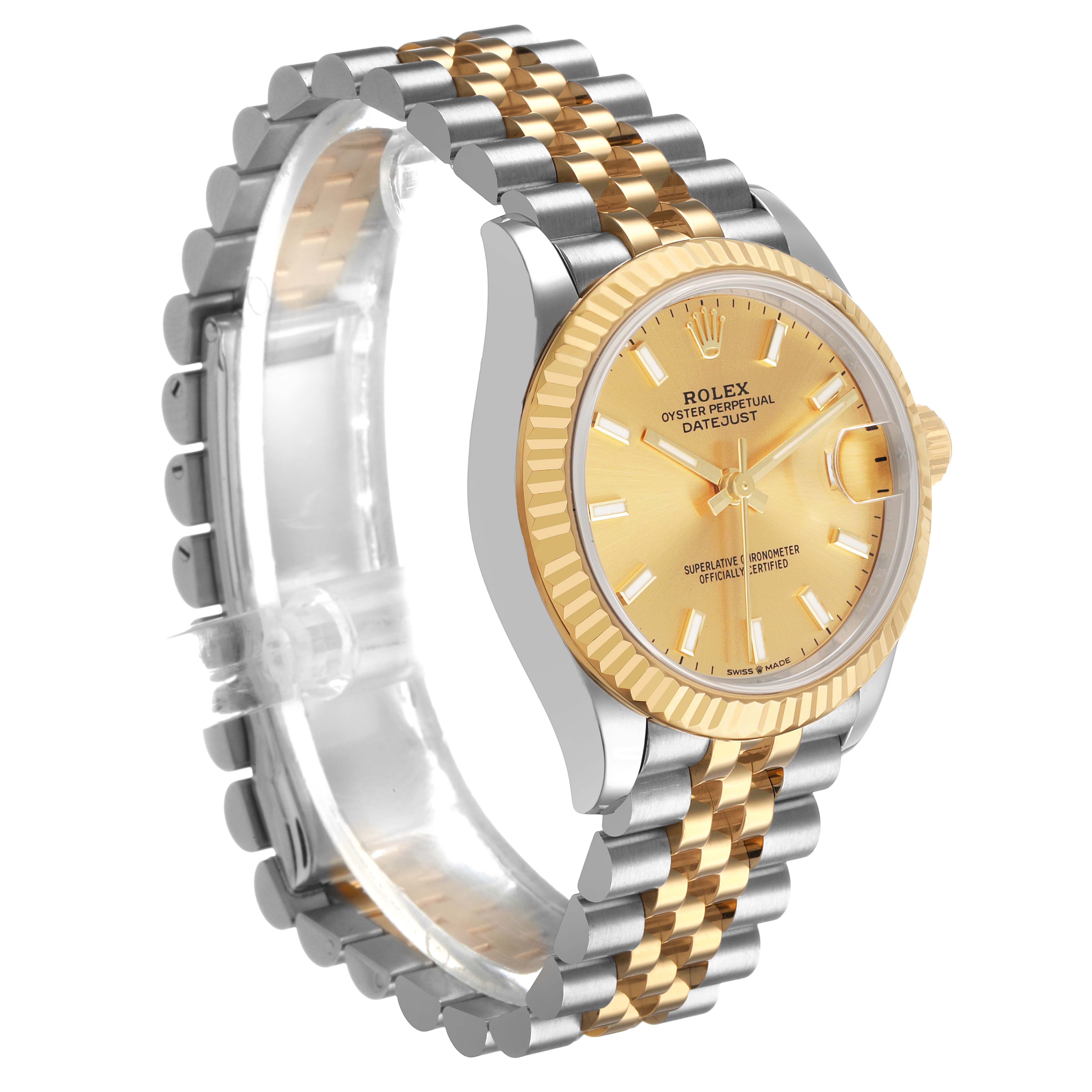 The Rolex Datejust 278273 Men's Steel and Gold (two tone) Champagne Dial watch is shown at a three-quarter angle, highlighting the gold dial, fluted bezel, and two-tone bracelet.
