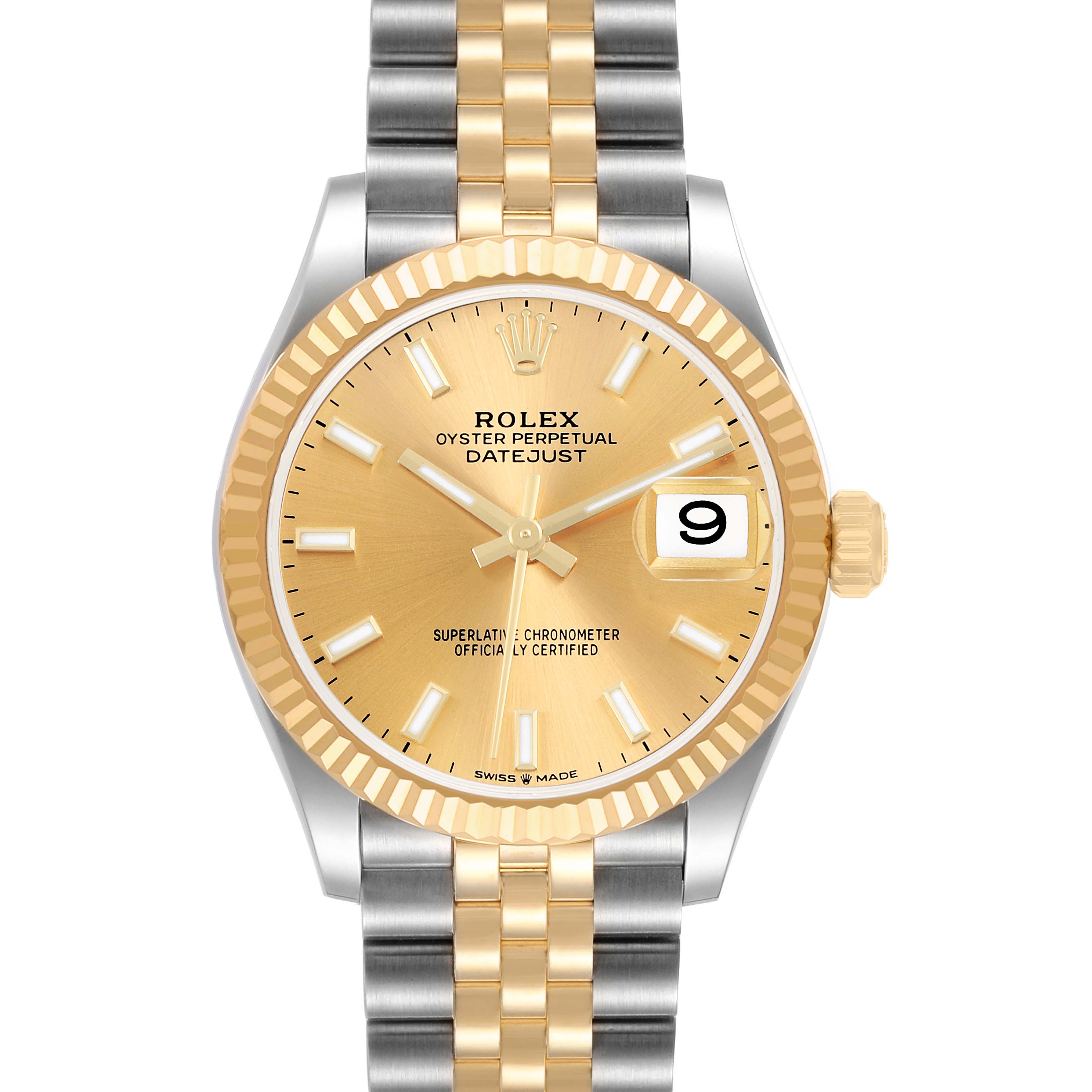 The Rolex Datejust 278273 Men's Steel and Gold (two tone) Champagne Dial watch is shown from the front, displaying the dial, fluted bezel, and two-tone bracelet.